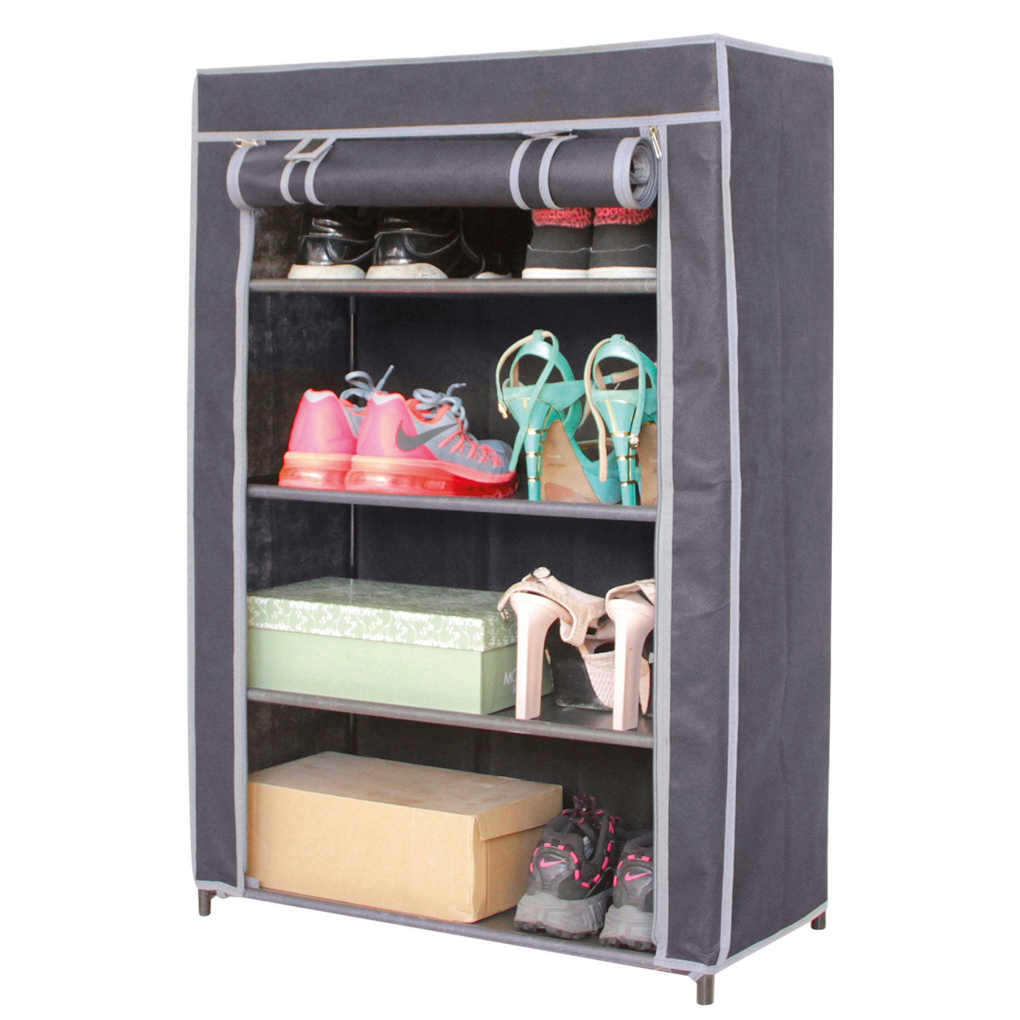 Mobiele schoenenkast/opbergkast met leg niveaus - opvouwbaar - grijs - 60 x 30 x 90 cm -