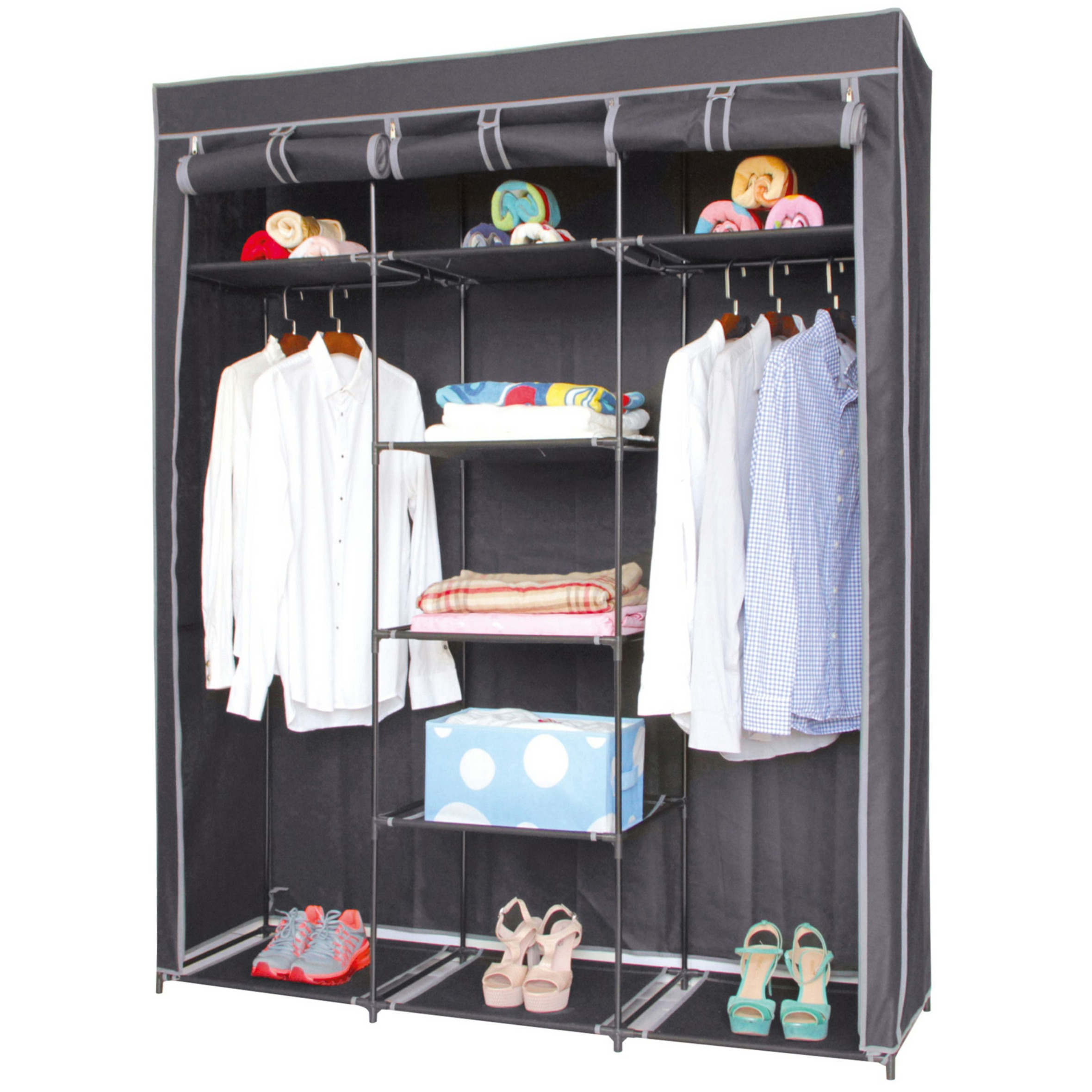 Mobiele kledingkast met legplanken/hang stang - opvouwbaar - grijs - 150 x 45 x 172 cm -