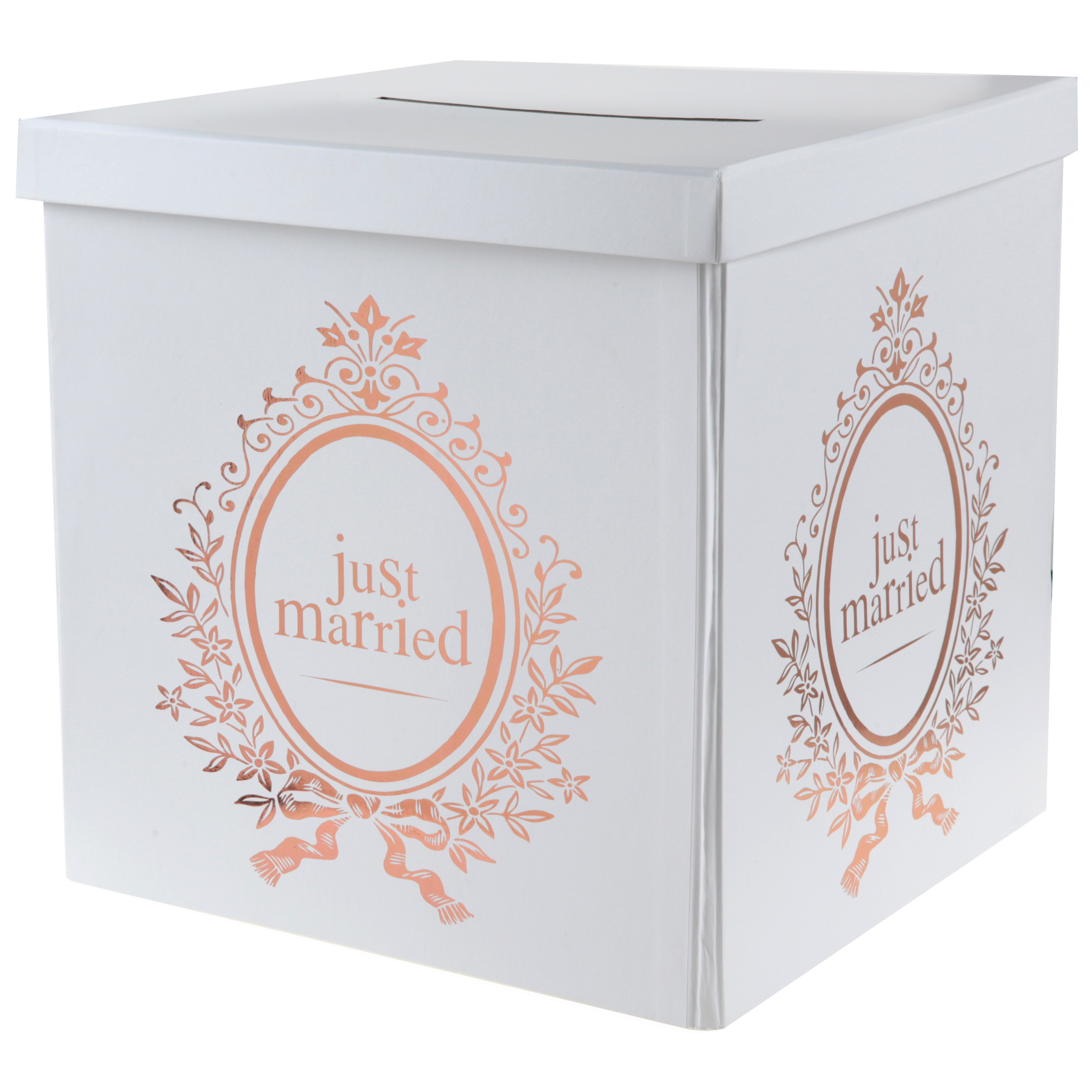 Enveloppendoos just married - Bruiloft - wit/rose goud - karton - 20 x 20 cm -