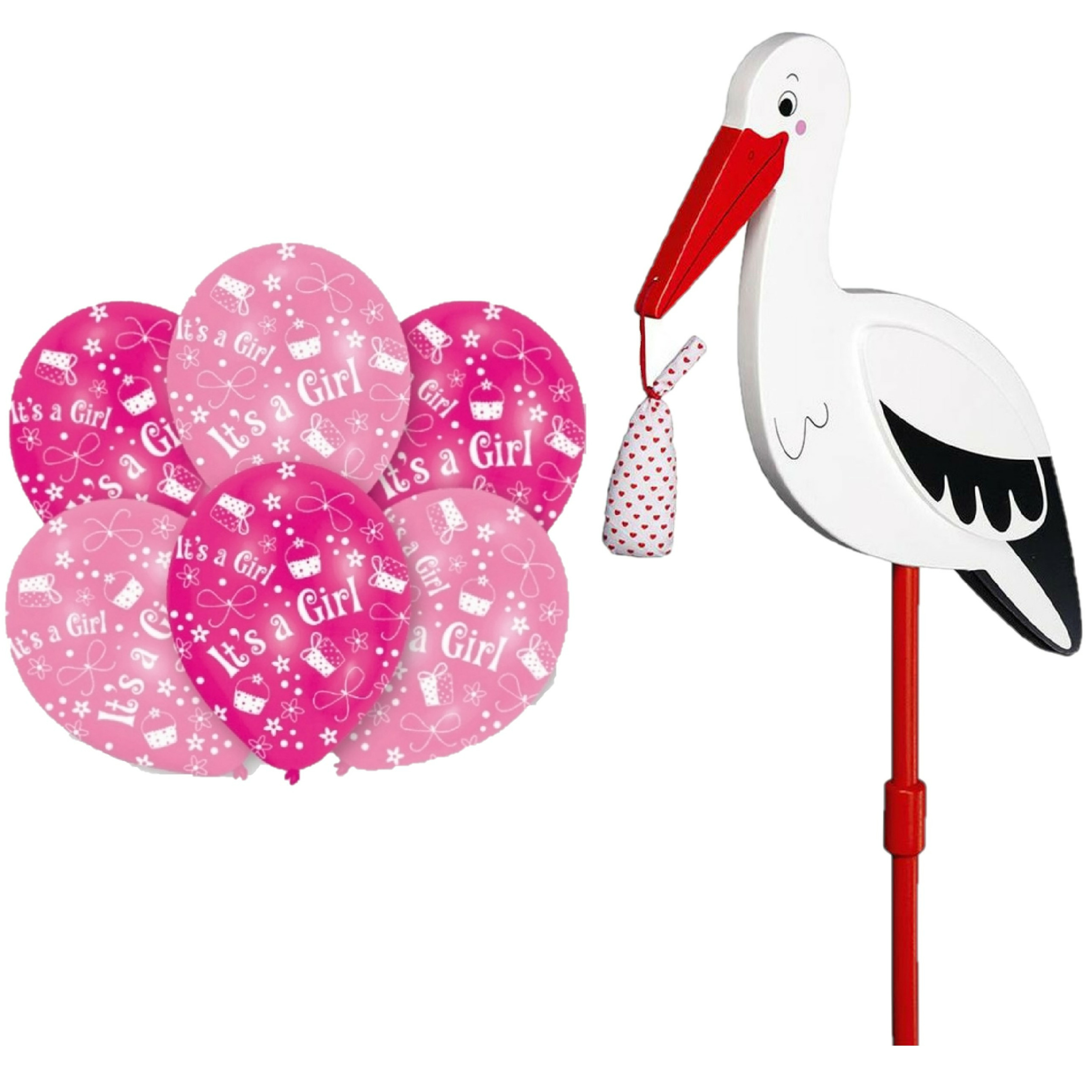 Geboorte versiering meisje - ooievaar geboorte bord - 77 cm hoog - 6x roze ballonnen -