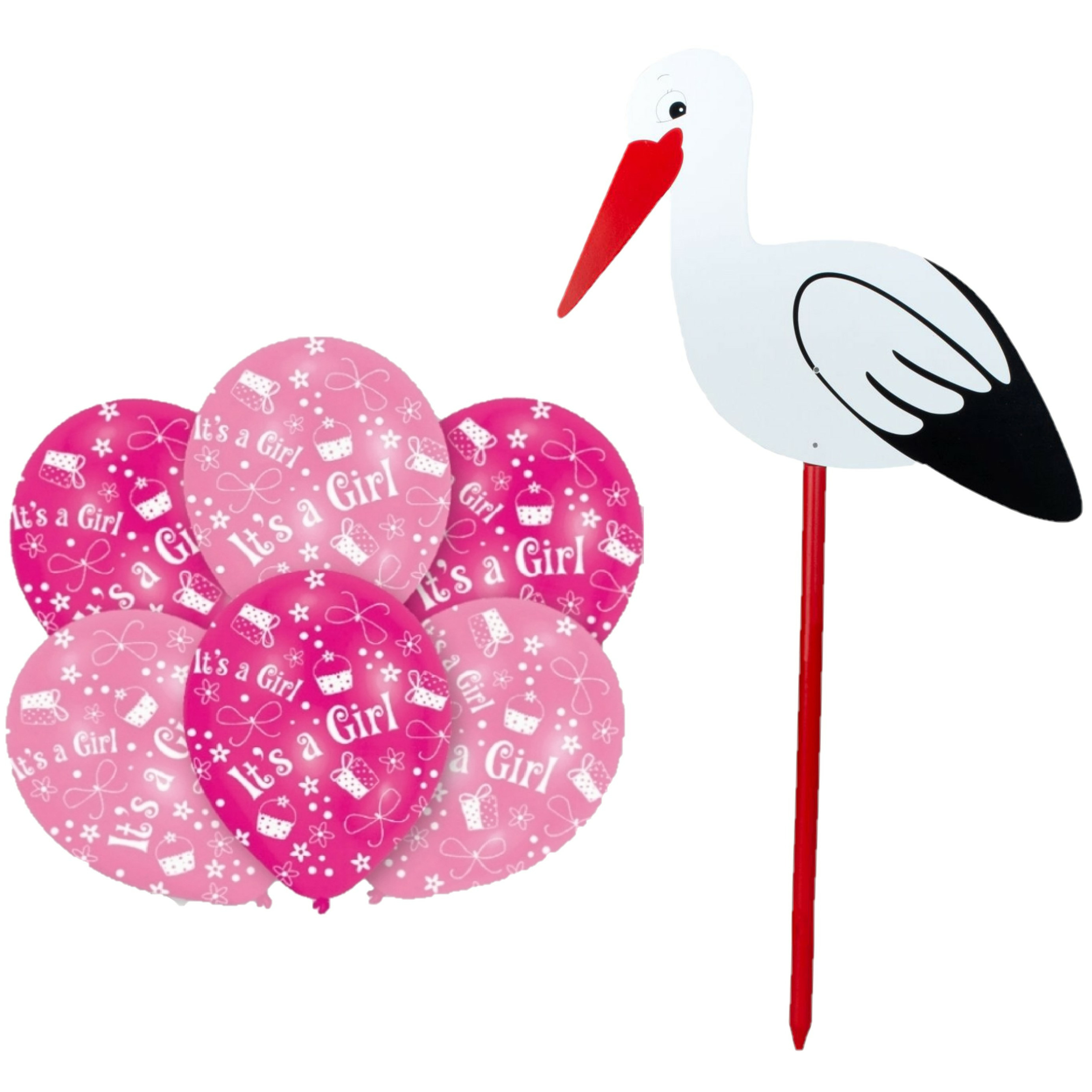 Geboorte versiering meisje - ooievaar geboorte bord - 100 cm hoog - 6x roze ballonnen -