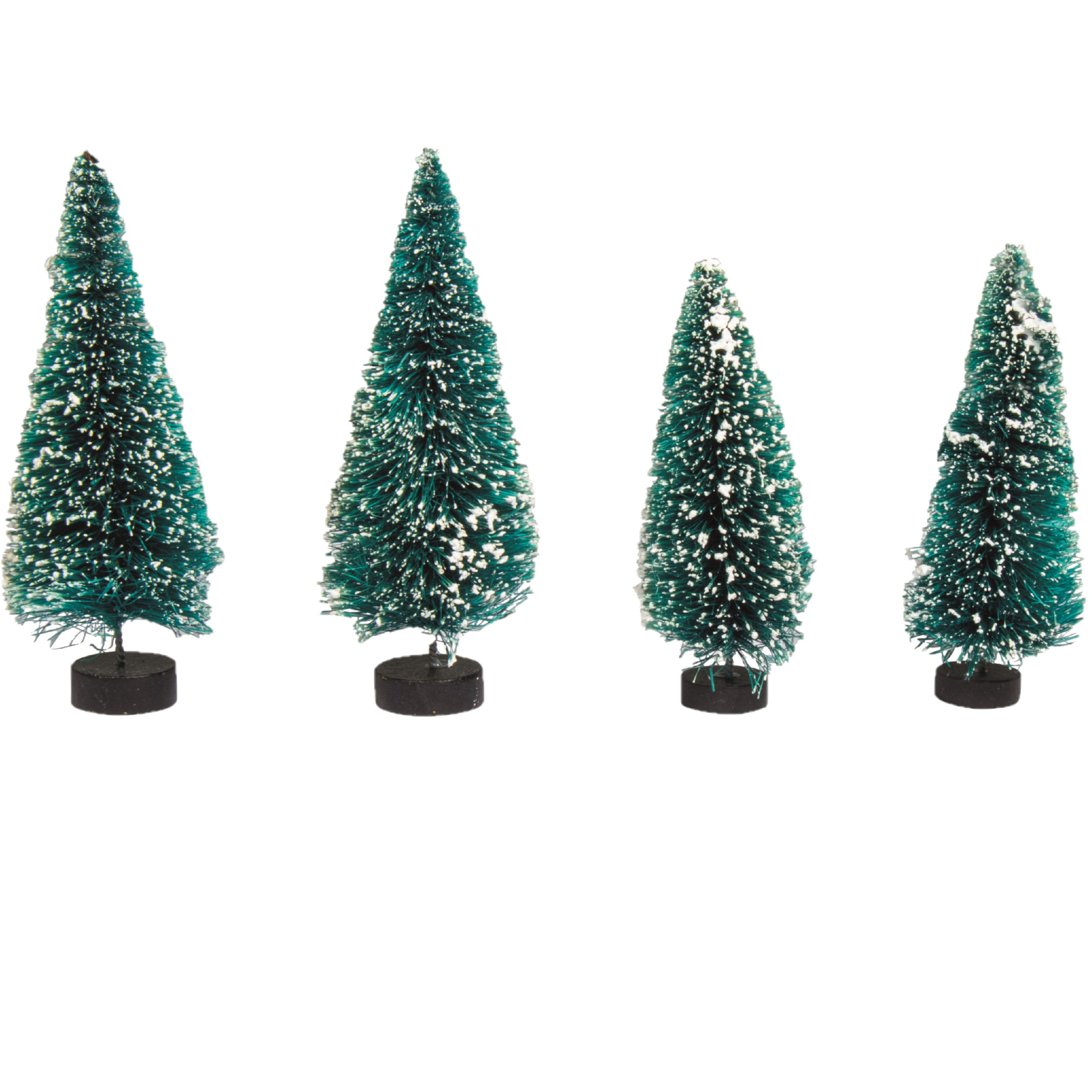 Kerstdorp boompjes/kerstboompjes - 4x st - 9 en 12 cm -besneeuwd - miniatuur -