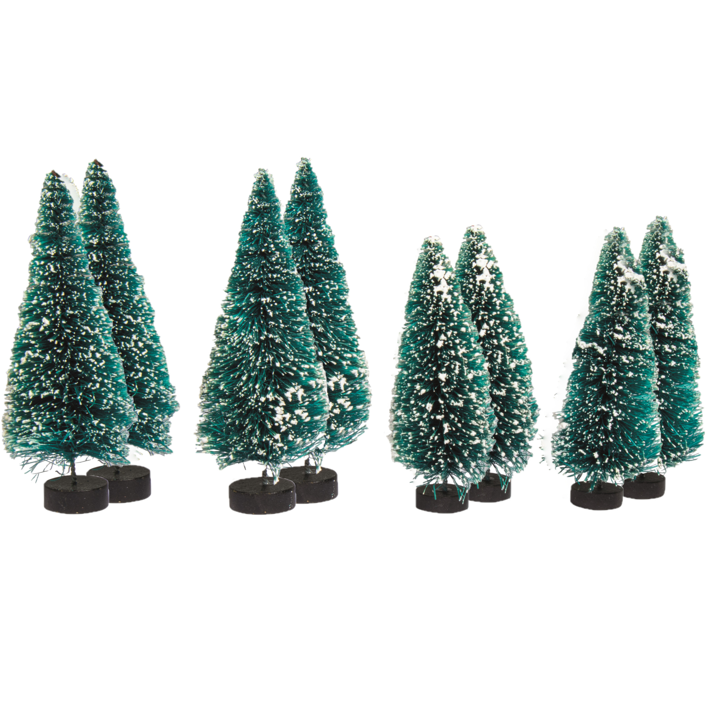 Kerstdorp boompjes/kerstboompjes - 8x st - 9 en 12 cm -besneeuwd - miniatuur -