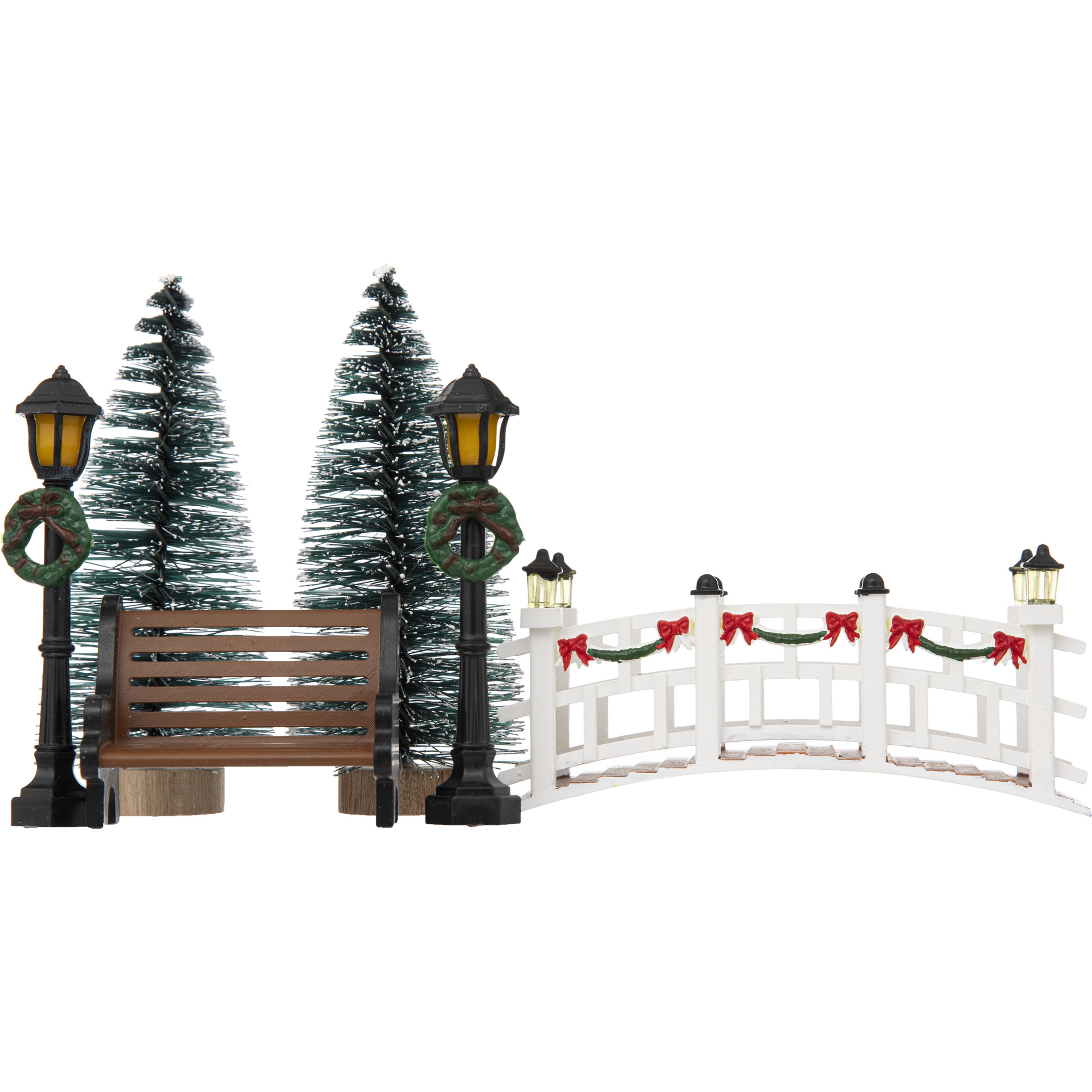 Kerstdorp accessoires - brug, boompjes, lantaarns - miniatuur figuurtjes -