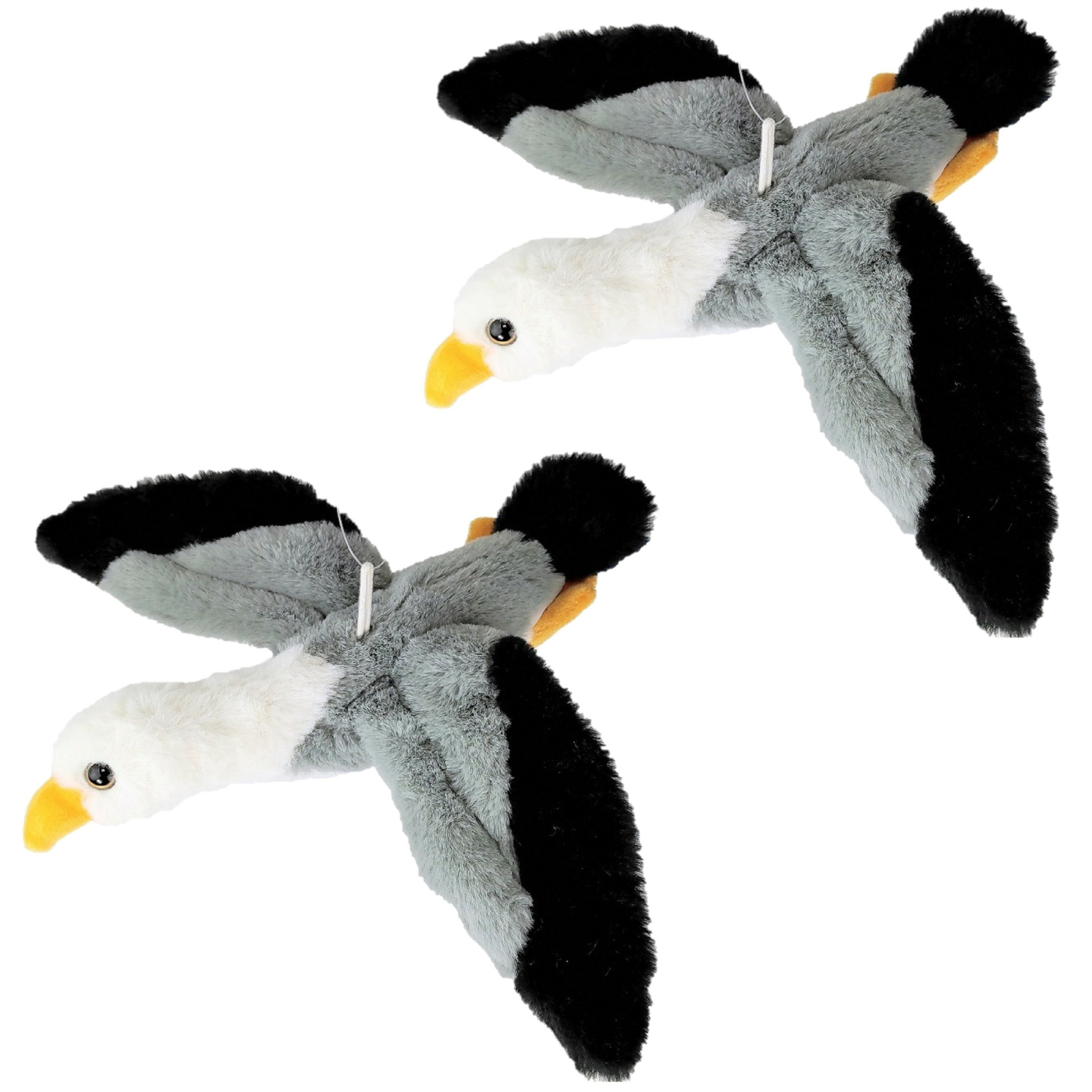 Inware pluche zeemeeuw knuffeldier - 2x - grijs/wit/zwart - vliegend - 25 cm -