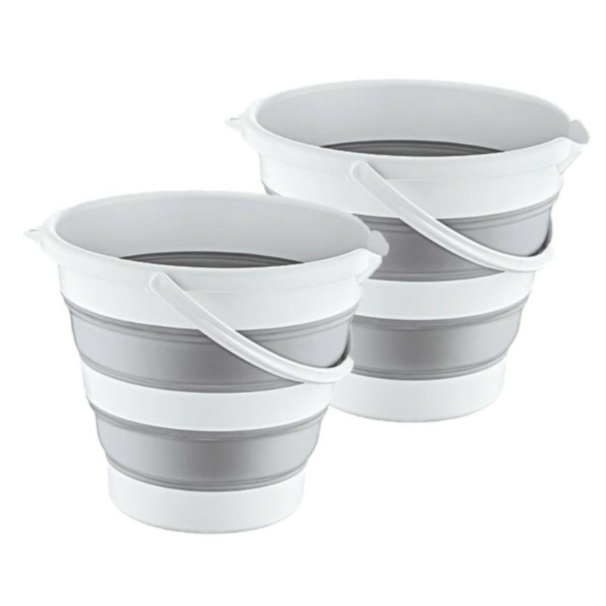 Emmer opvouwbaar - 2x - 12L - grijs/wit - kunststof en rubber - Camping emmer -