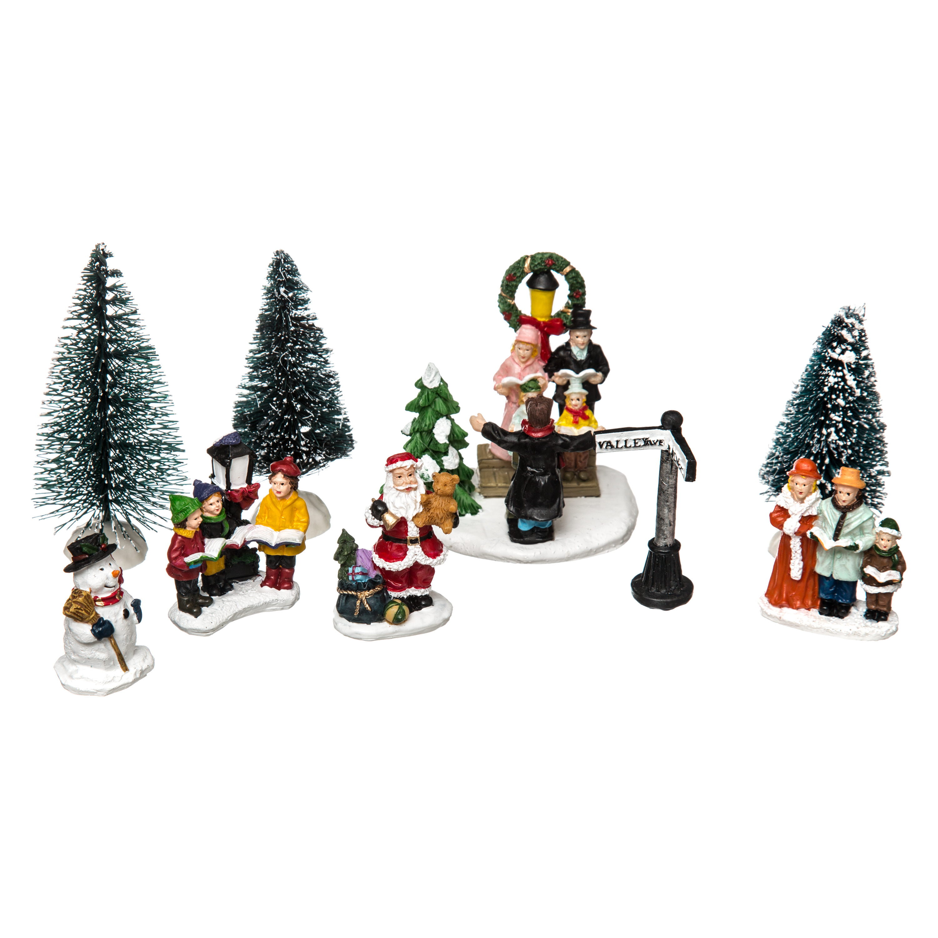 Kerstdorp accessoires - miniatuur boompjes en figuurtjes - polyresin -