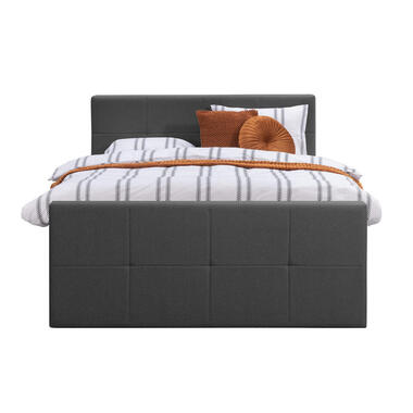 Boxspring met voetbord Liv geblokt - antraciet - 180x200 cm - vierkante poot - Leen Bakker