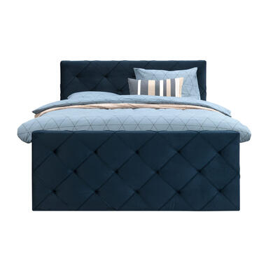 Boxspring met voetbord Liv geruit - blauw - 160x200 cm - vierkante poot - Leen Bakker
