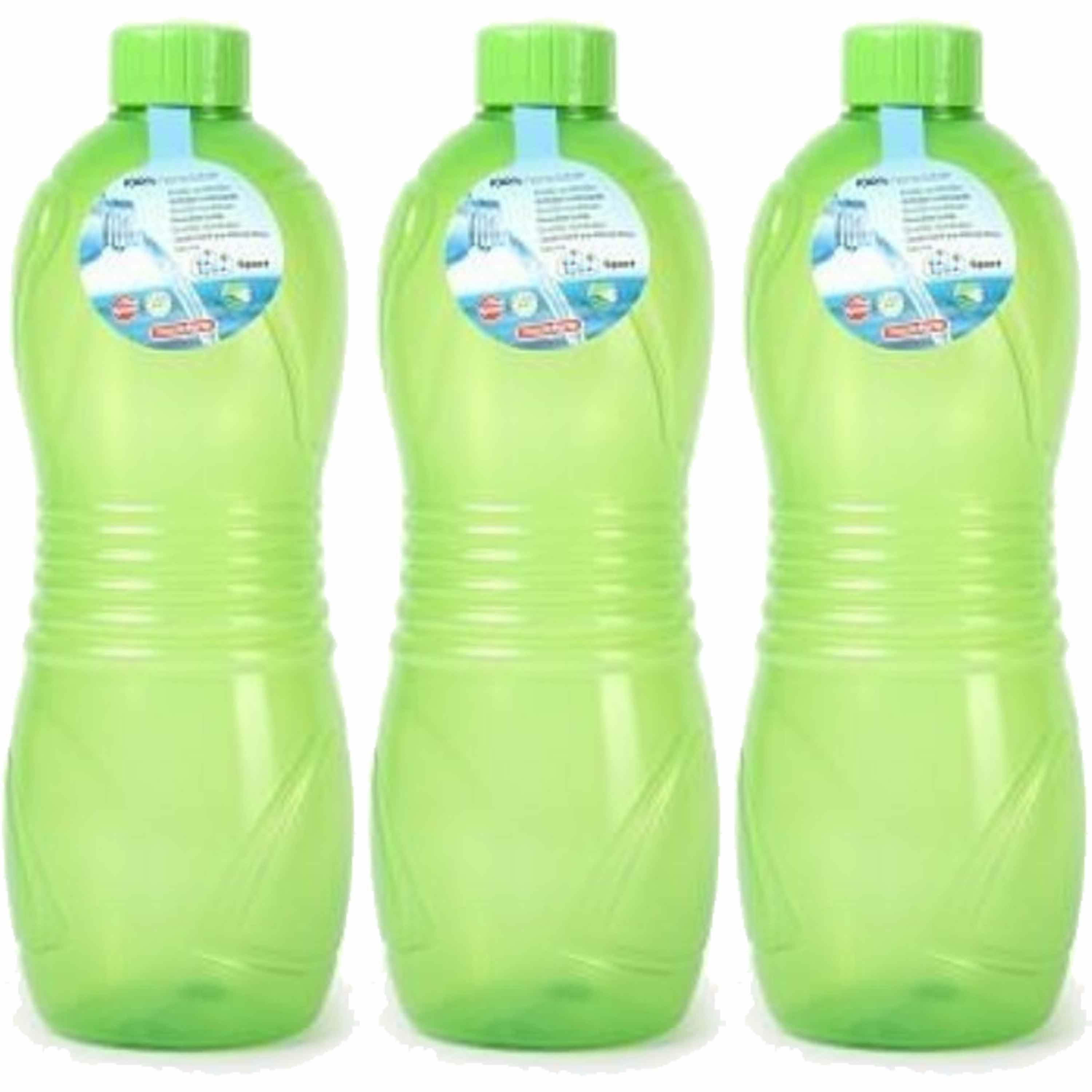 Drinkfles/waterfles/bidon - 3x - 1000 ml - transparant/groen - kunststof -