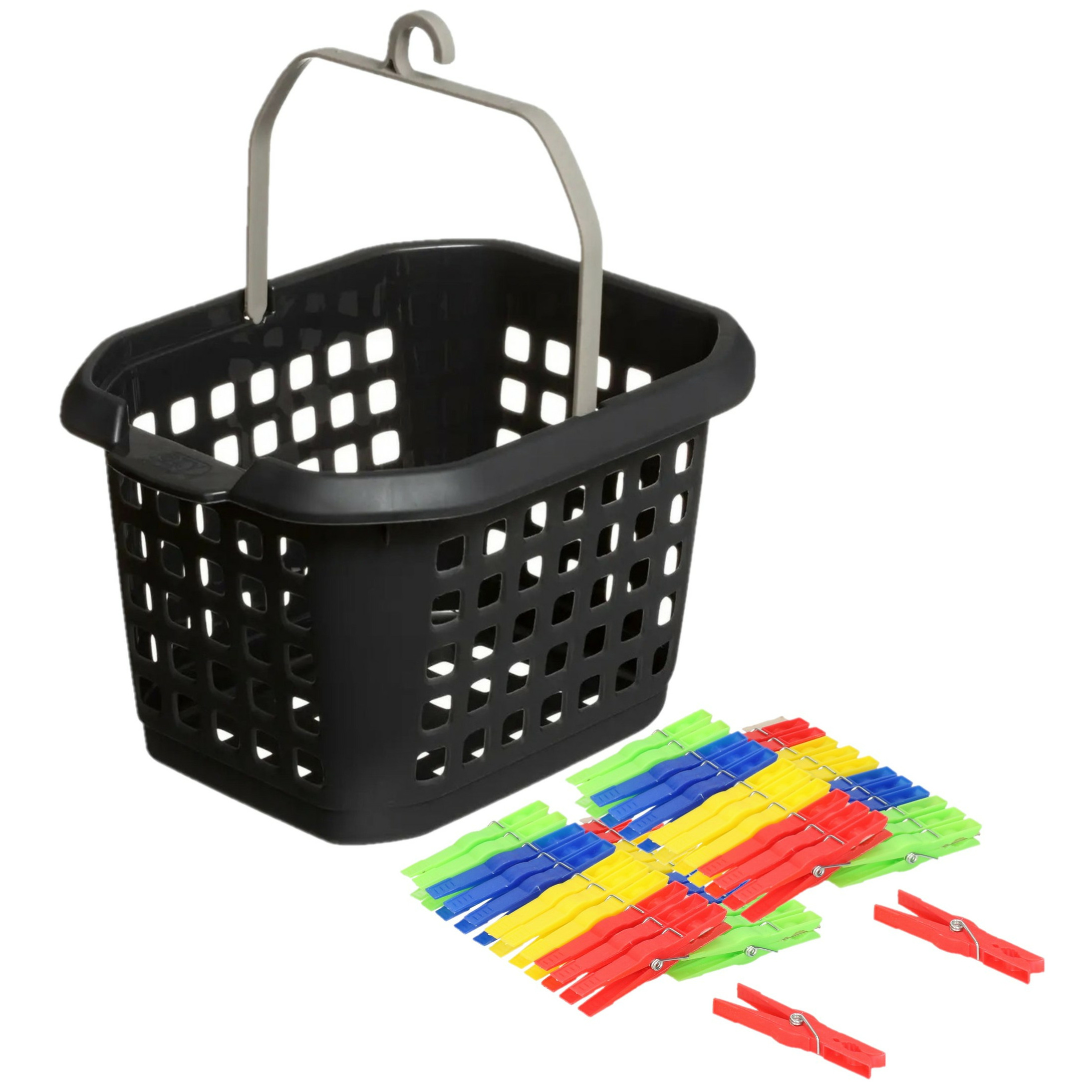 Wasknijpers ophang mandje/bakje - zwart - met 48x plastic knijpers -