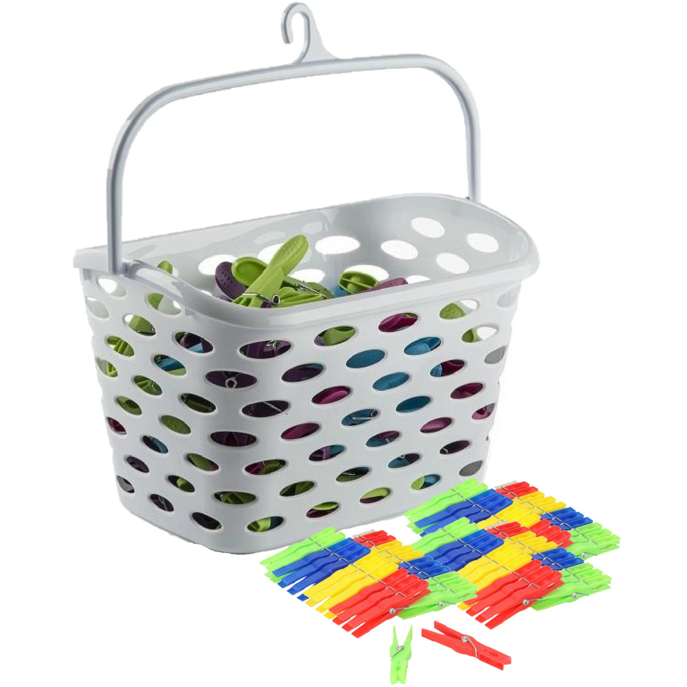 Wasknijpers ophang mandje/bakje - wit - met 72x plastic knijpers -