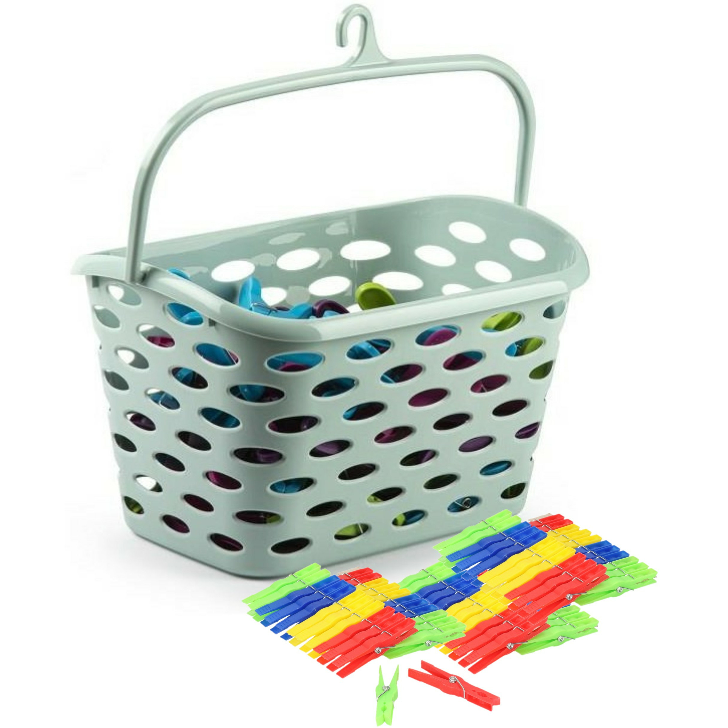 Wasknijpers ophang mandje/bakje - mintgroen - met 72x plastic knijpers -