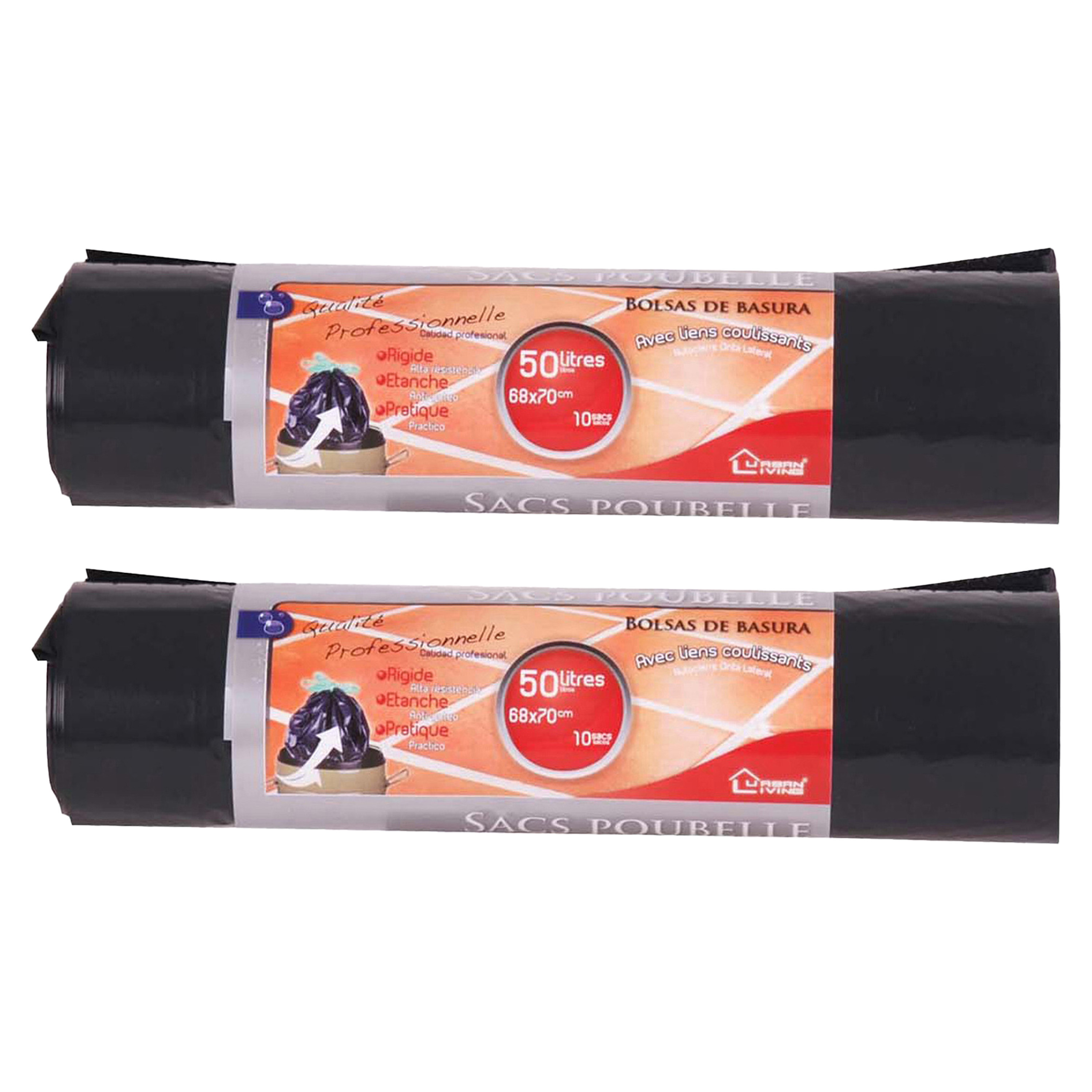Afvalzakken/vuilniszakken - 20x - 50 liter - zwart - trekbandsluiting -