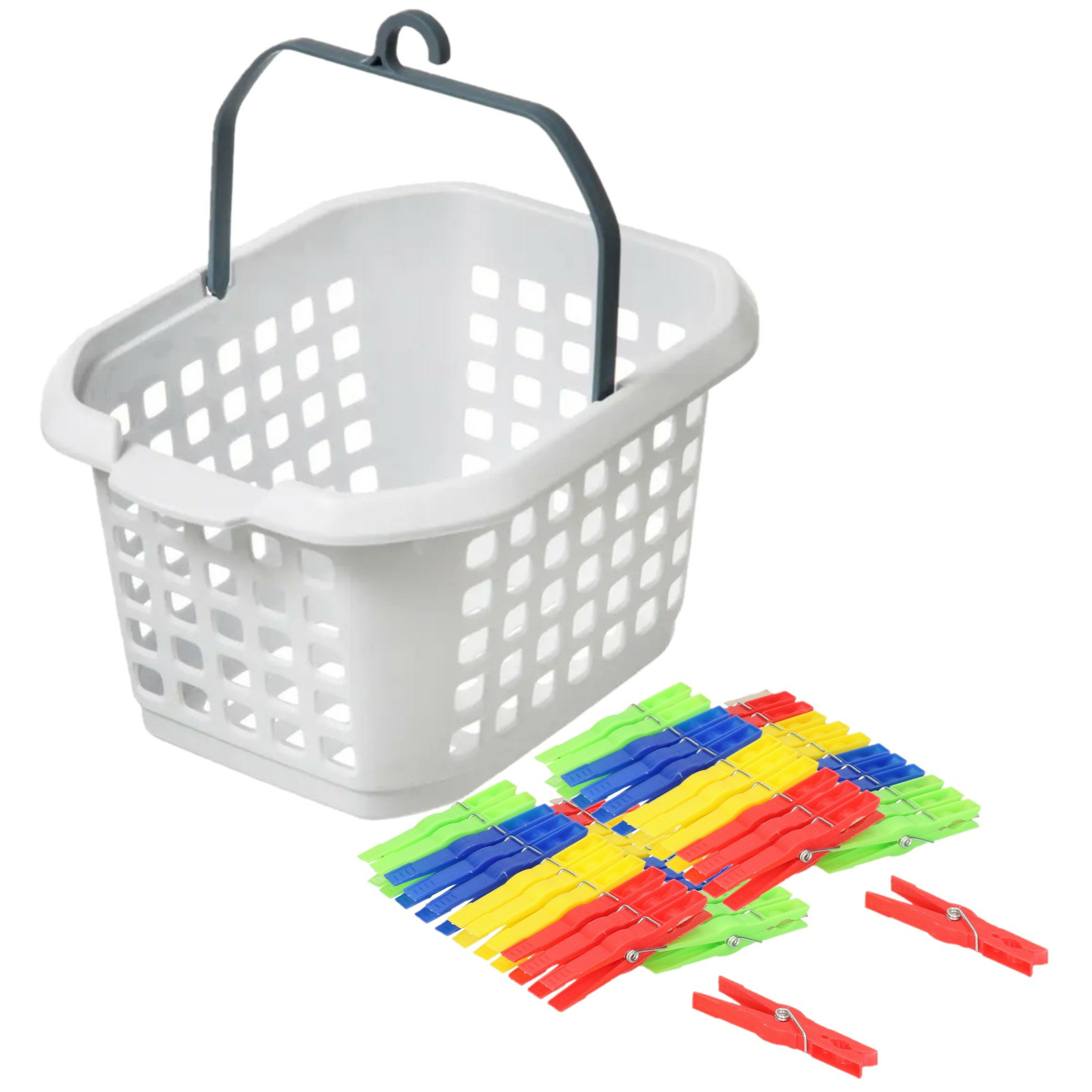 Wasknijpers ophang mandje/bakje - wit - met 48x plastic knijpers -