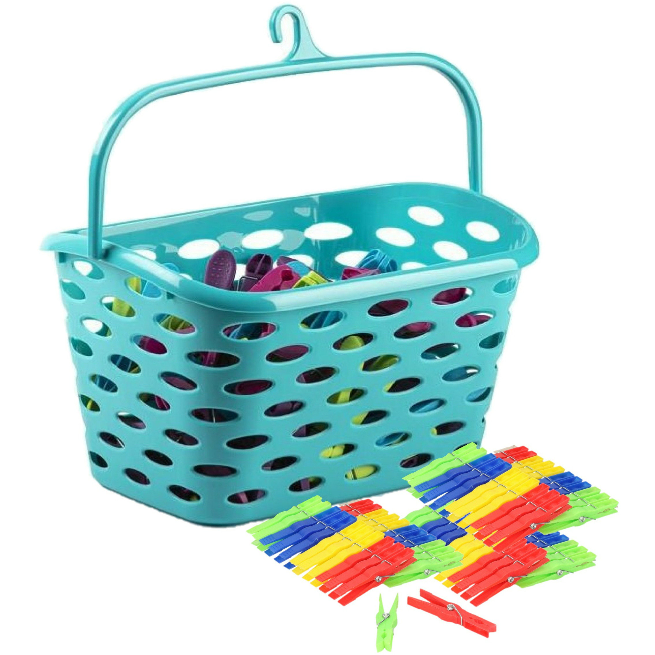 Wasknijpers ophang mandje/bakje - blauw - met 72x plastic knijpers -
