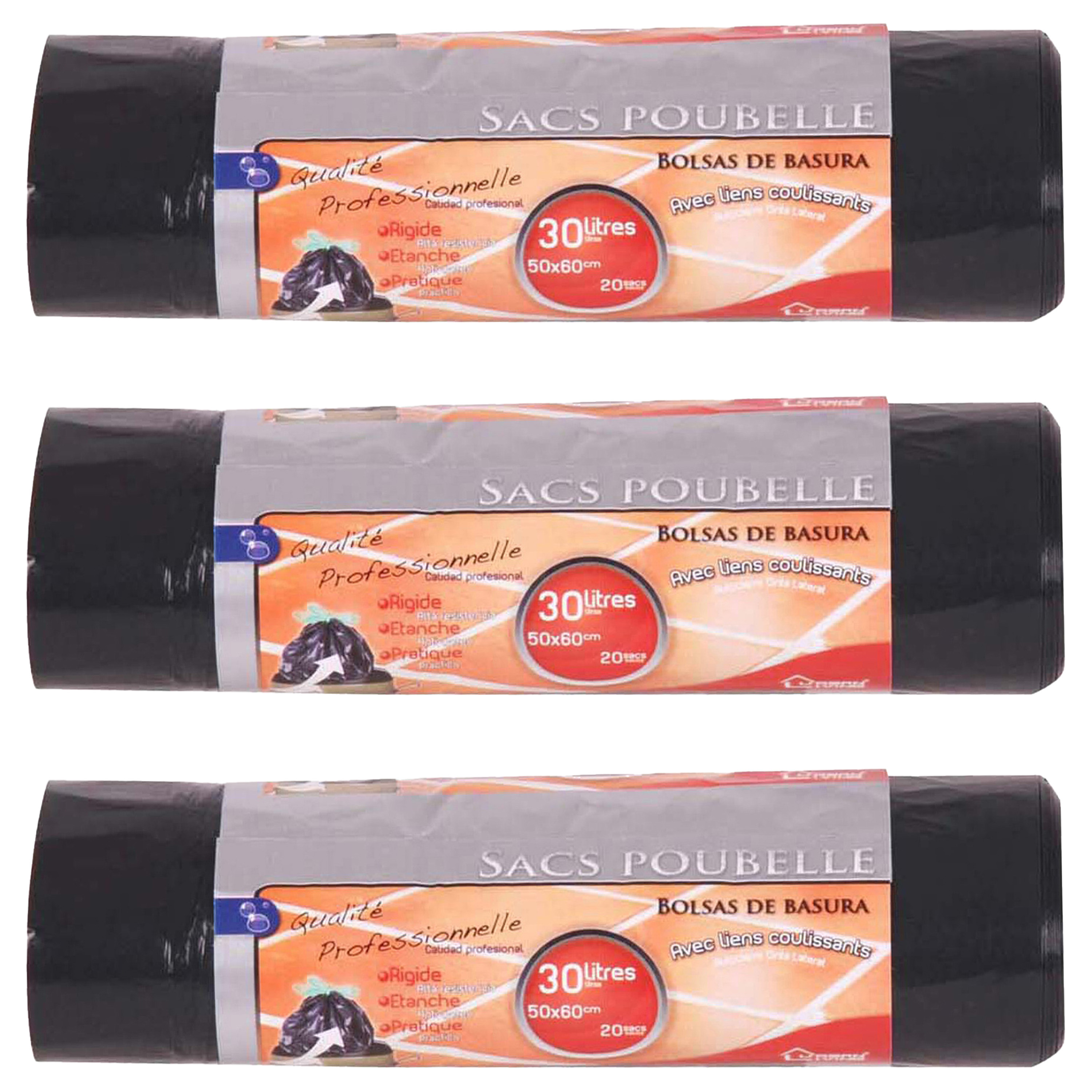 Afvalzakken/vuilniszakken/pedaalemmerzakken - 60x - 30 liter - zwart - trekbandsluiting -