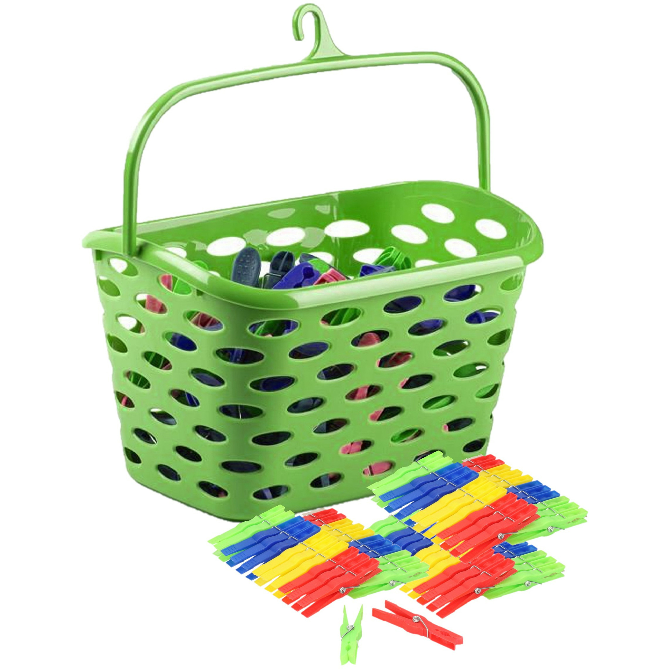 Wasknijpers ophang mandje/bakje - groen - met 72x plastic knijpers -
