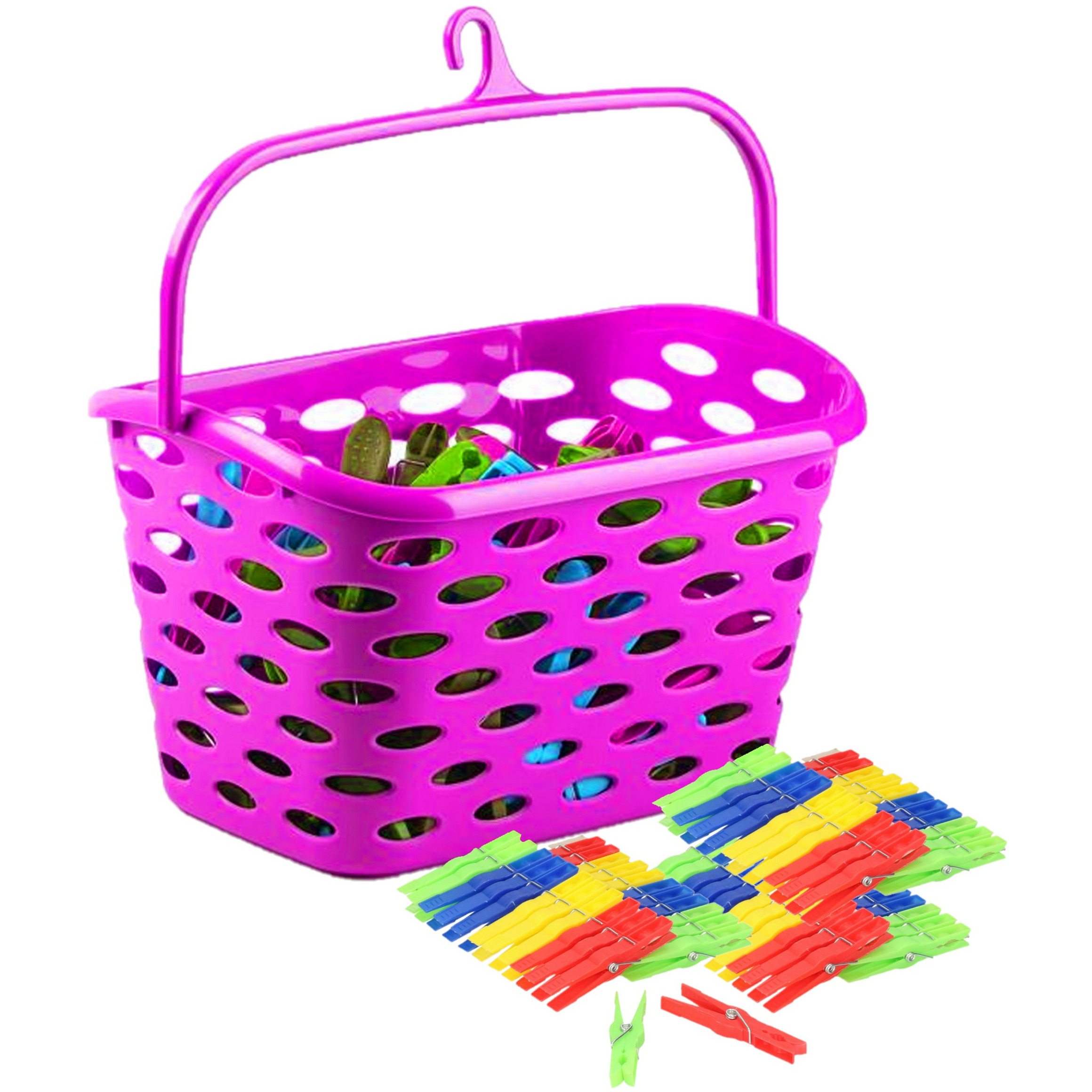 Wasknijpers ophang mandje/bakje - fuchsia roze - met 72x plastic knijpers -