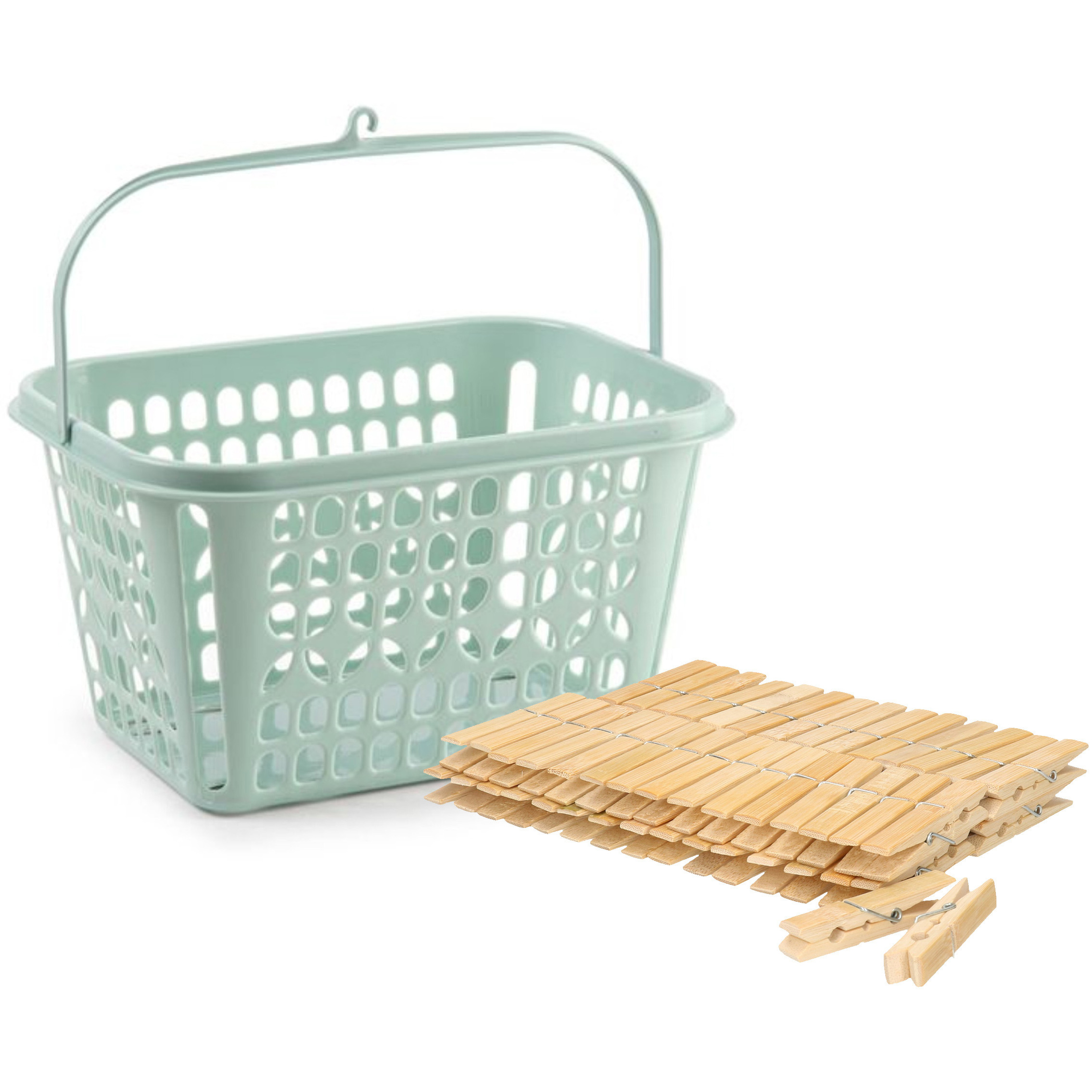 Wasknijpersmandje met haak - mintgroen - en 120x houten wasknijpers 7 cm -