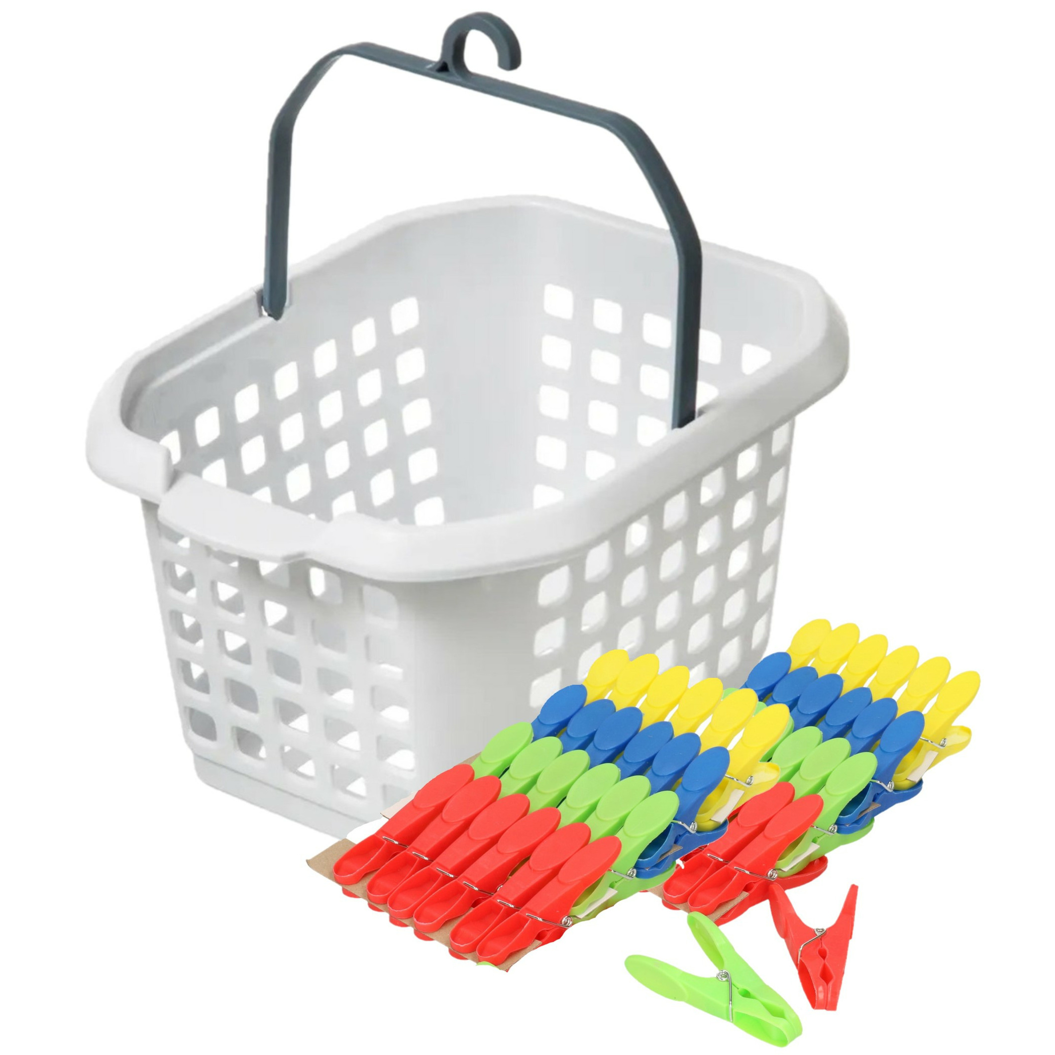 Wasknijpers ophang mandje/bakje - wit - met 56x plastic soft grip knijpers -