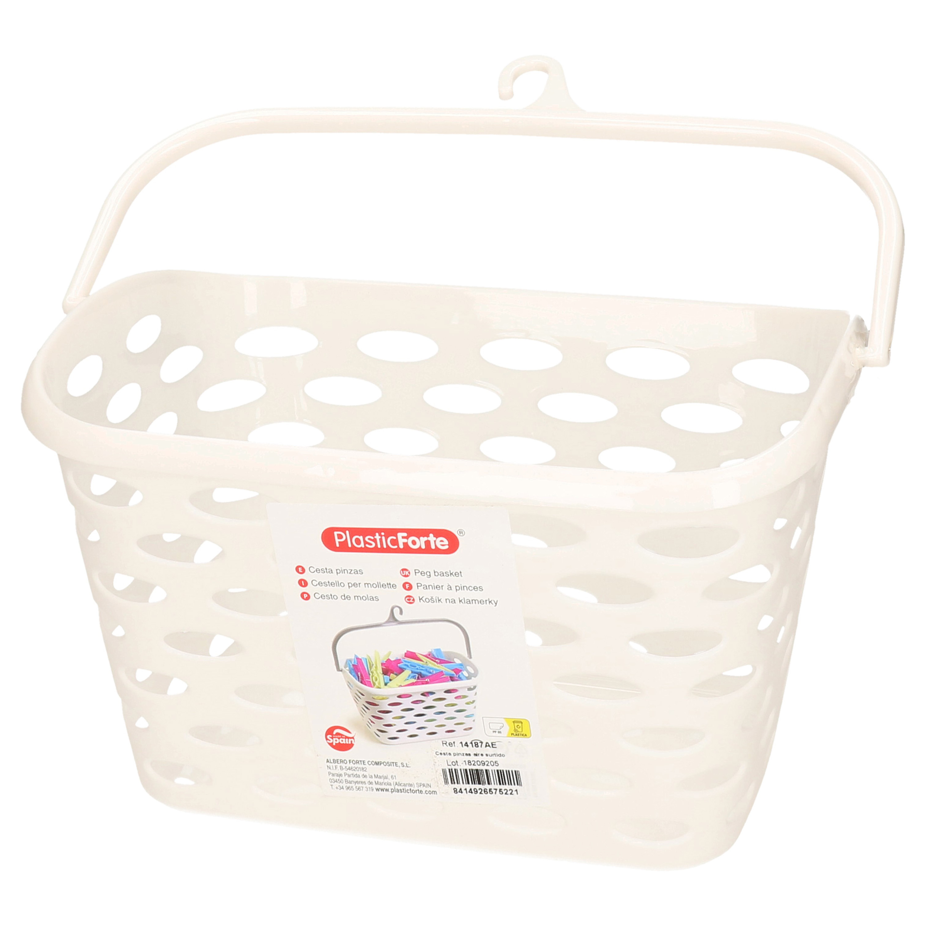 Wasknijpers ophang mandje aan haak - 26 x 15 x 21 cm - creme wit - kunststof -