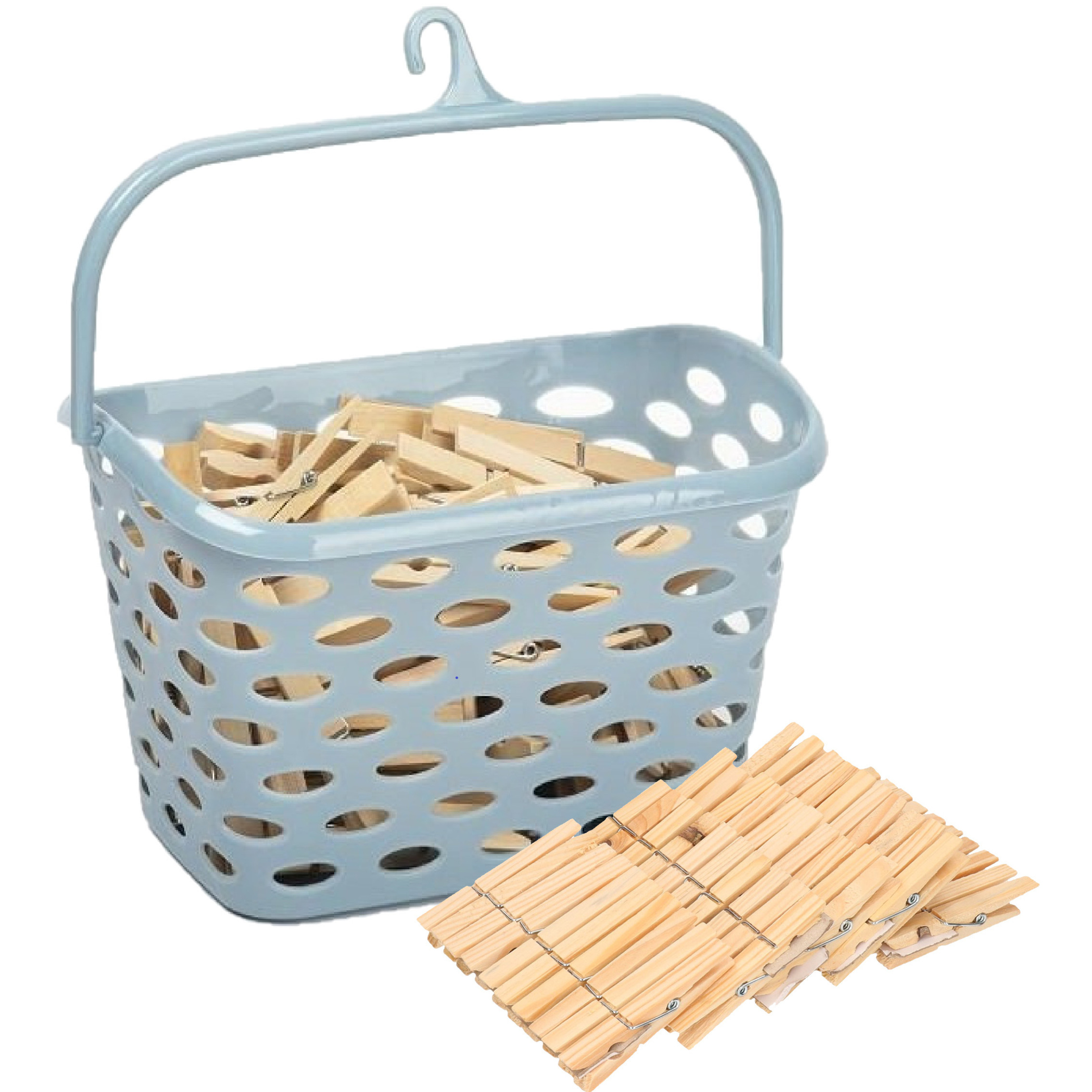 Wasknijpersmandje met haak - ijsblauw - en 100x houten wasknijpers 7 cm -