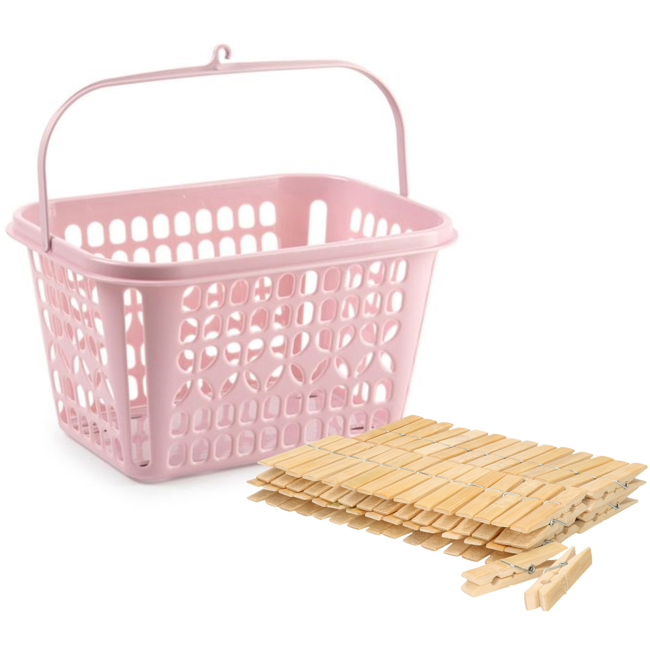 Wasknijpersmandje met haak - roze - en 120x houten wasknijpers 7 cm -