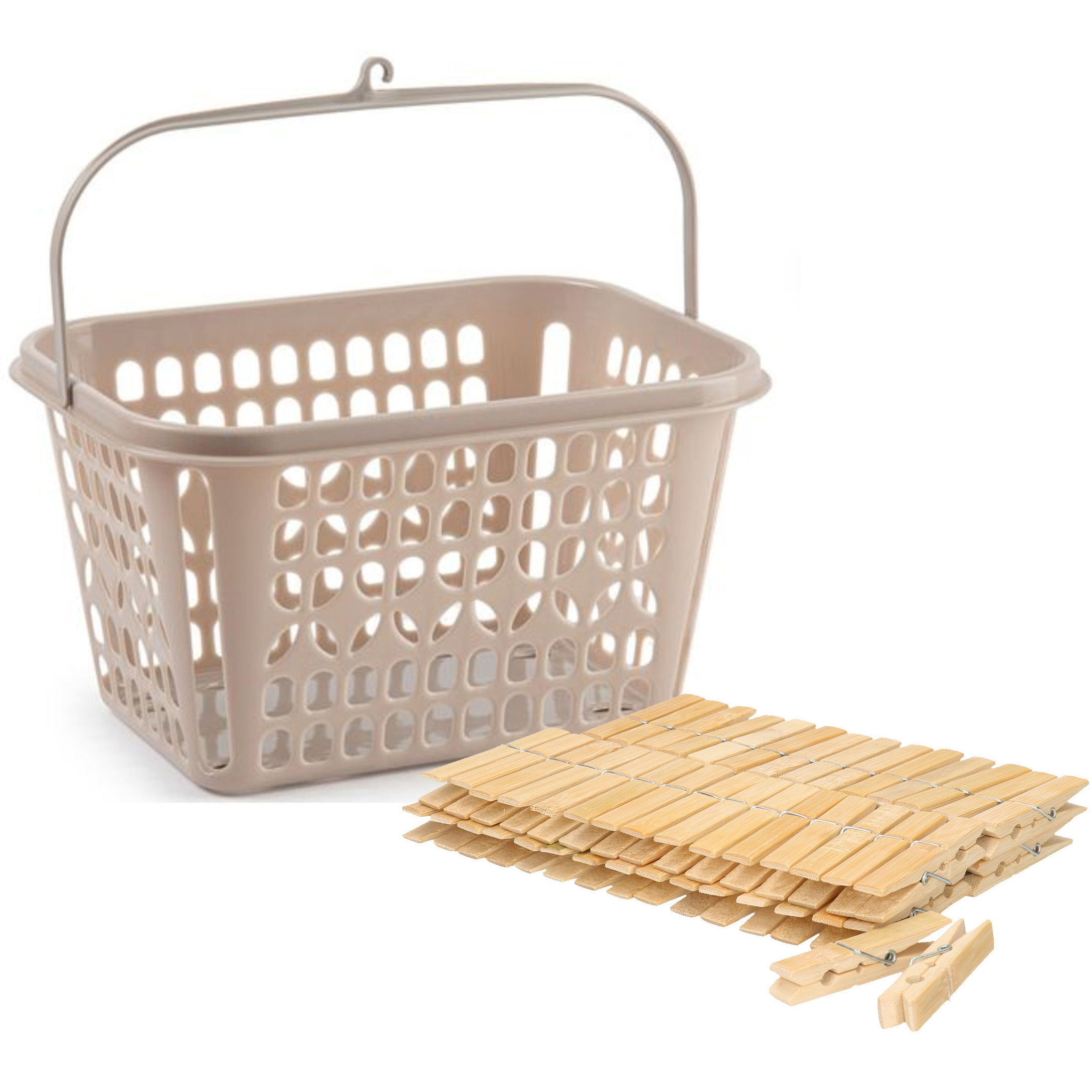 Wasknijpersmandje met haak - taupe - en 120x houten wasknijpers 7 cm -