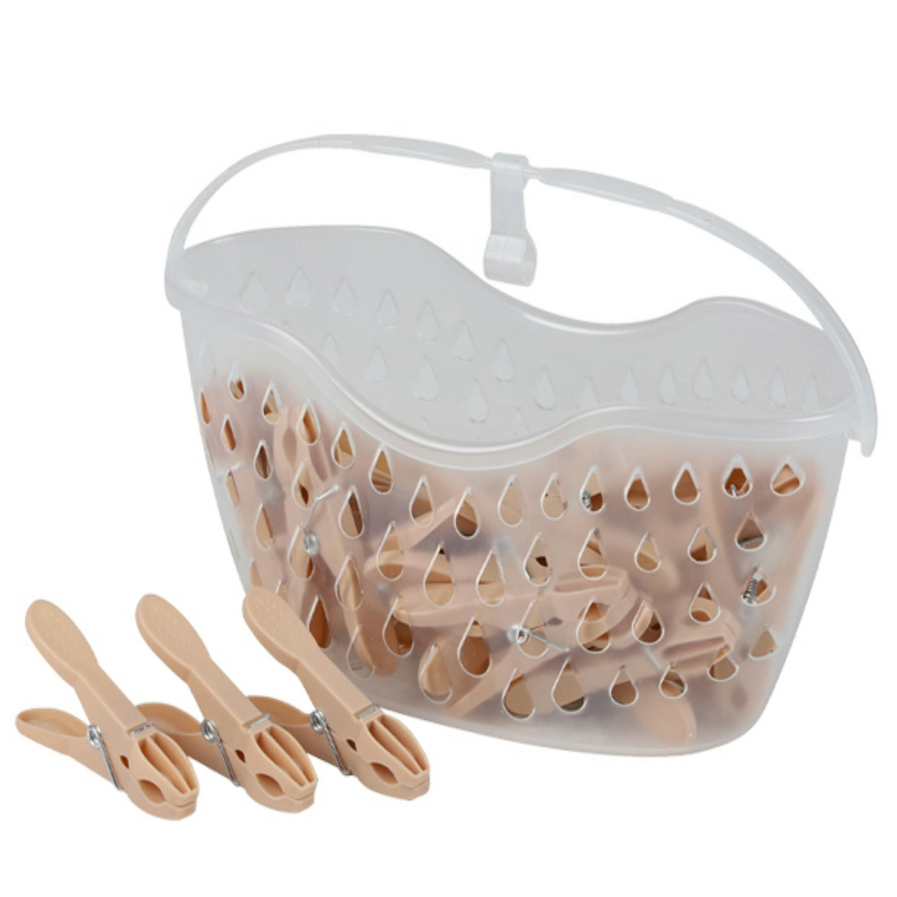 24x Wasknijpers in hangmandje - taupe - kunststof - 21 x 13 cm -
