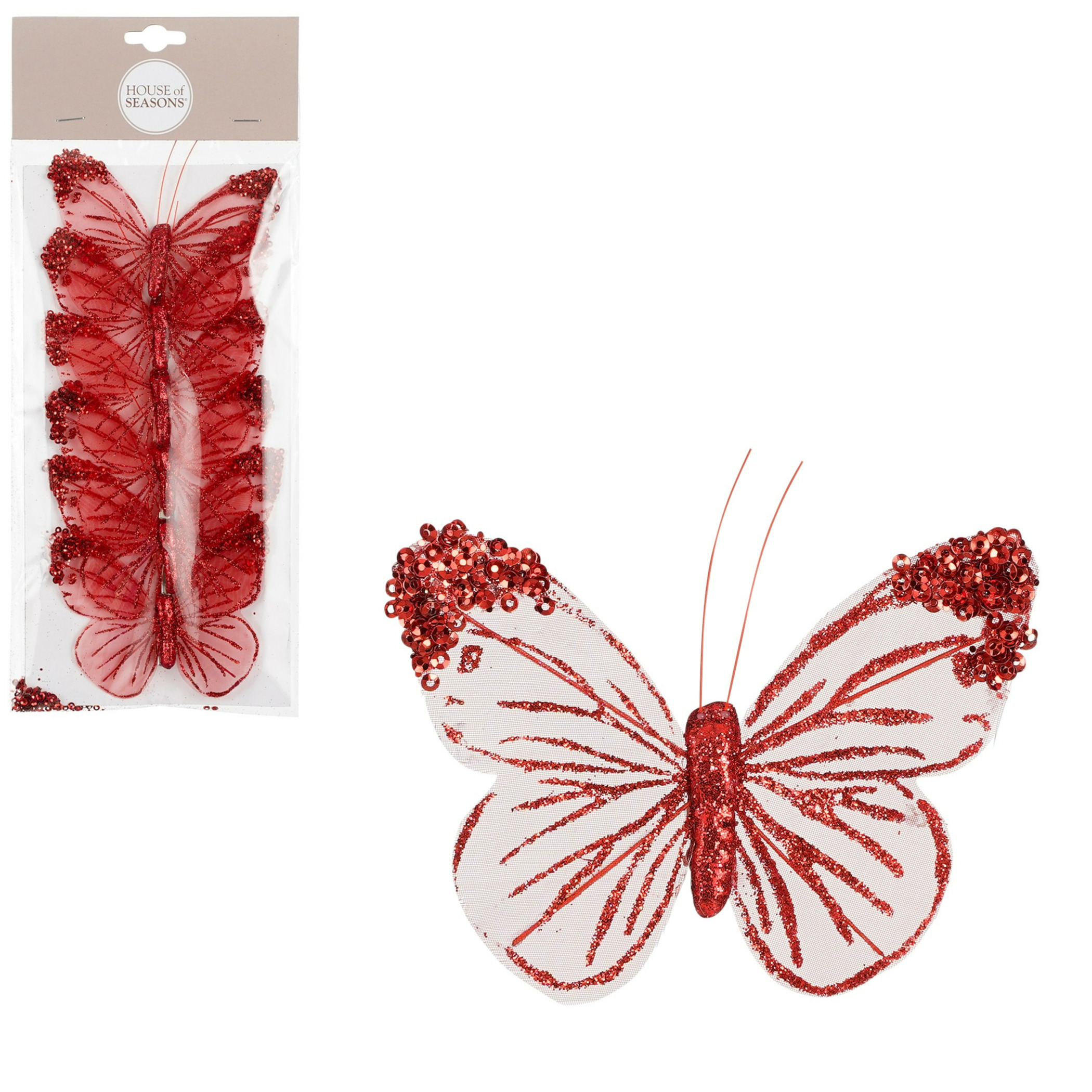 Kerstboomversiering vlinders op clip - 6x st - rood/wit - 10 cm - organza -