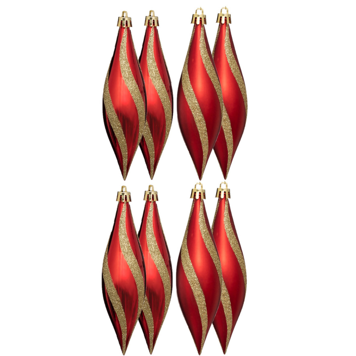 Kersthangers - druppels - 8x stuks - kunststof - rood/goud -15 cm -