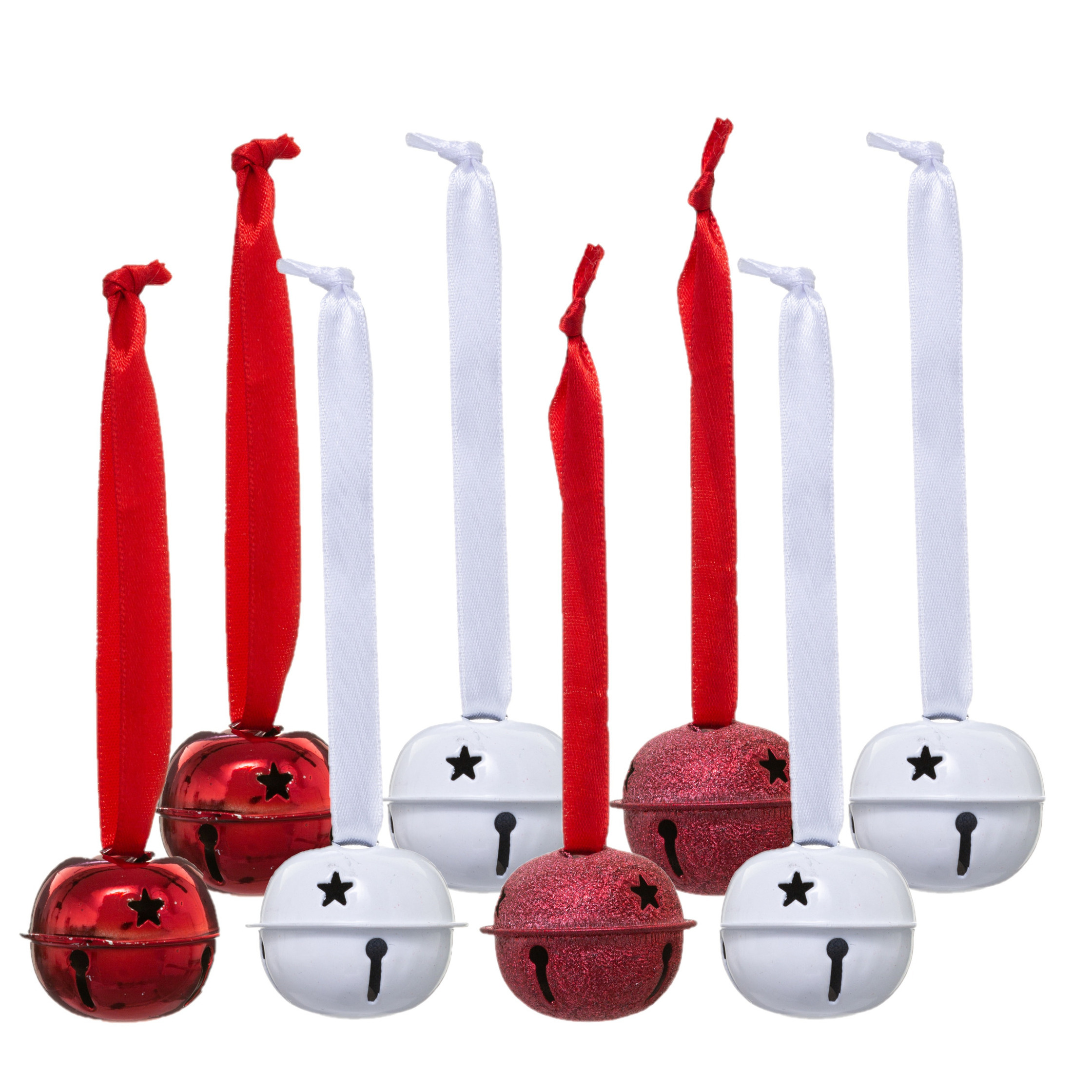 Kerstbelletjes hangers - 16x stuks- metaal - wit/rood - D4 cm -