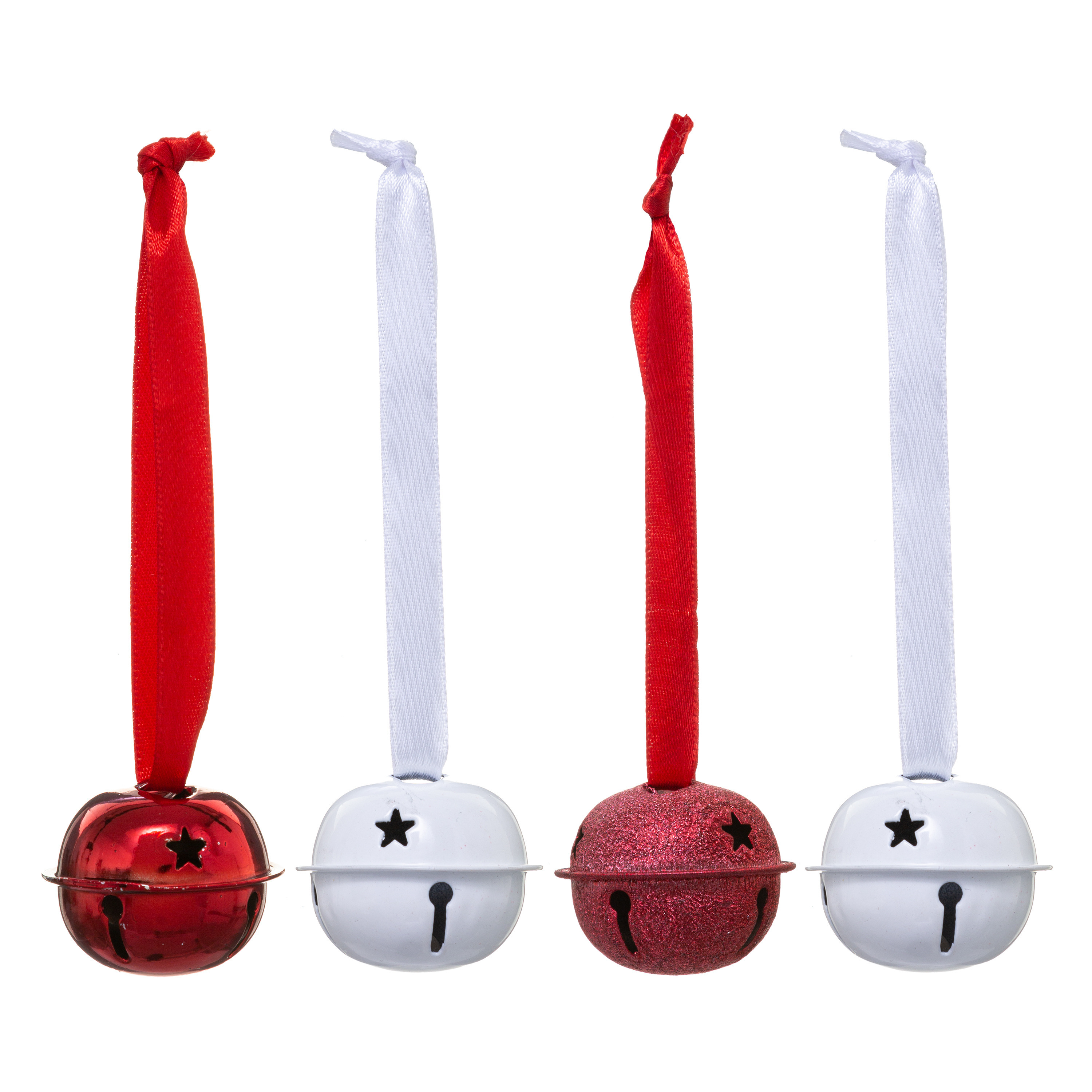 Kerstbelletjes hangers - 4x st - wit/rood - D4 cm - metaal - kerstversiering -