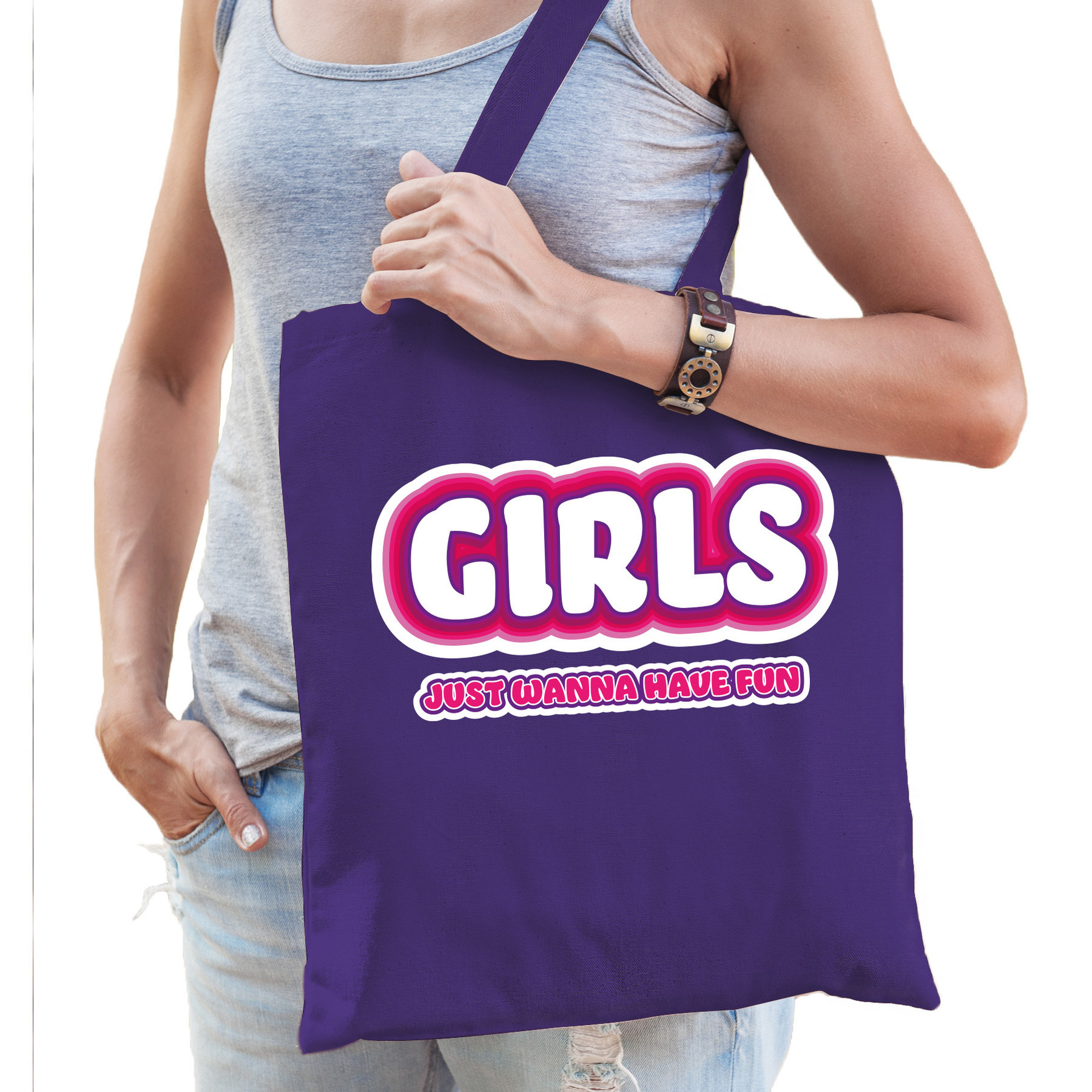 Vrijgezellenfeest tas - katoen - 42 x 38 cm - paars - Girls Just Wanna Have Fun -