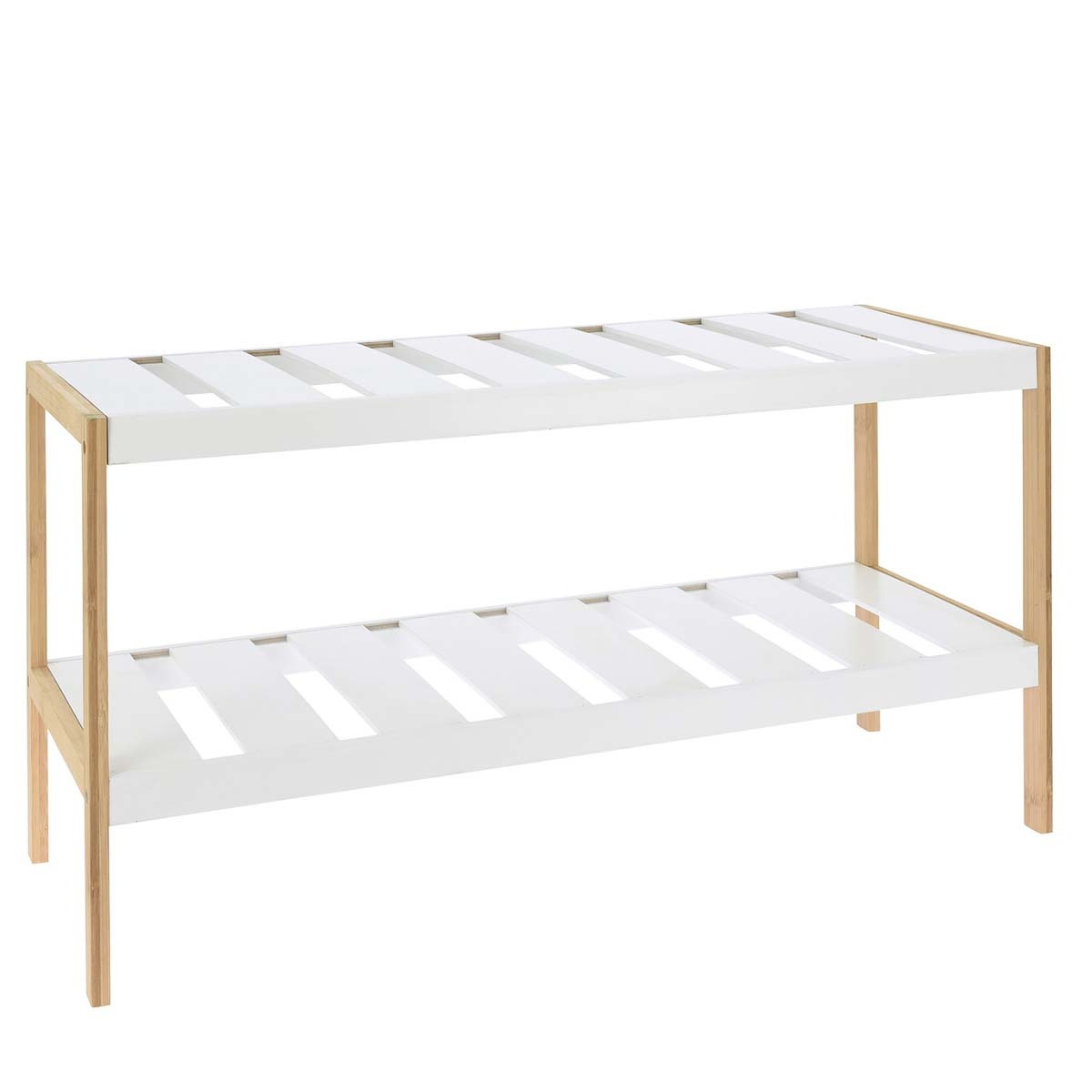 Bamboe houten schoenenrek/schoenenstandaard wit/bruin 2-laags 70 x 26 x 36 cm -