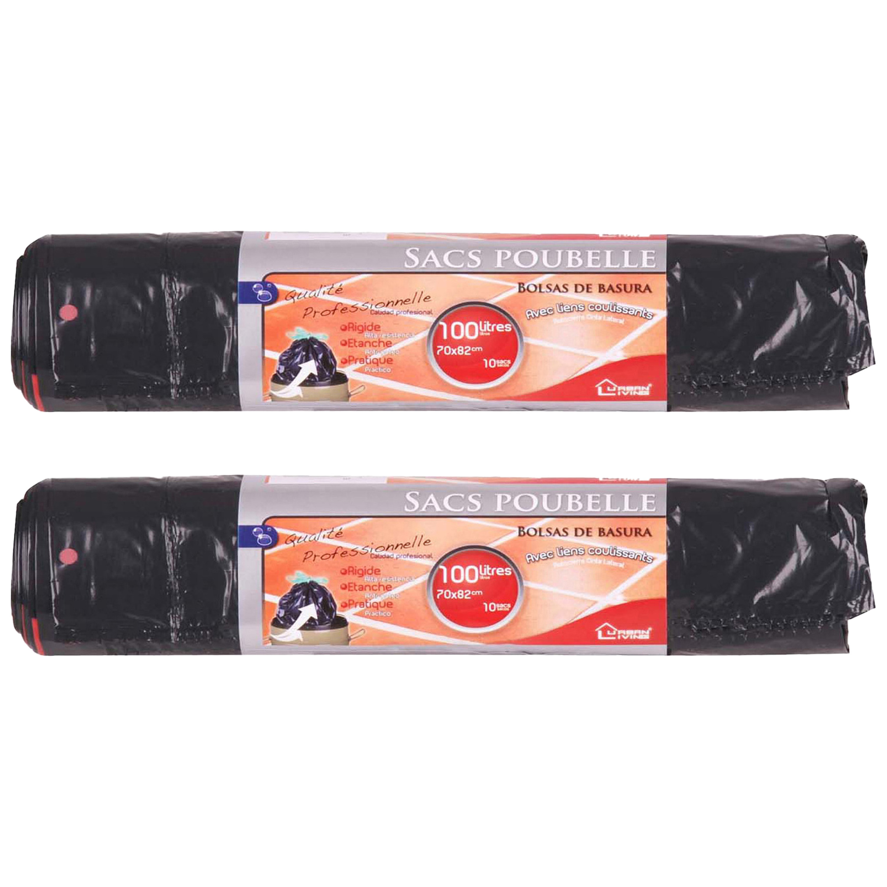 Afvalzakken/vuilniszakken - 20x - 100 liter - zwart - trekbandsluiting -