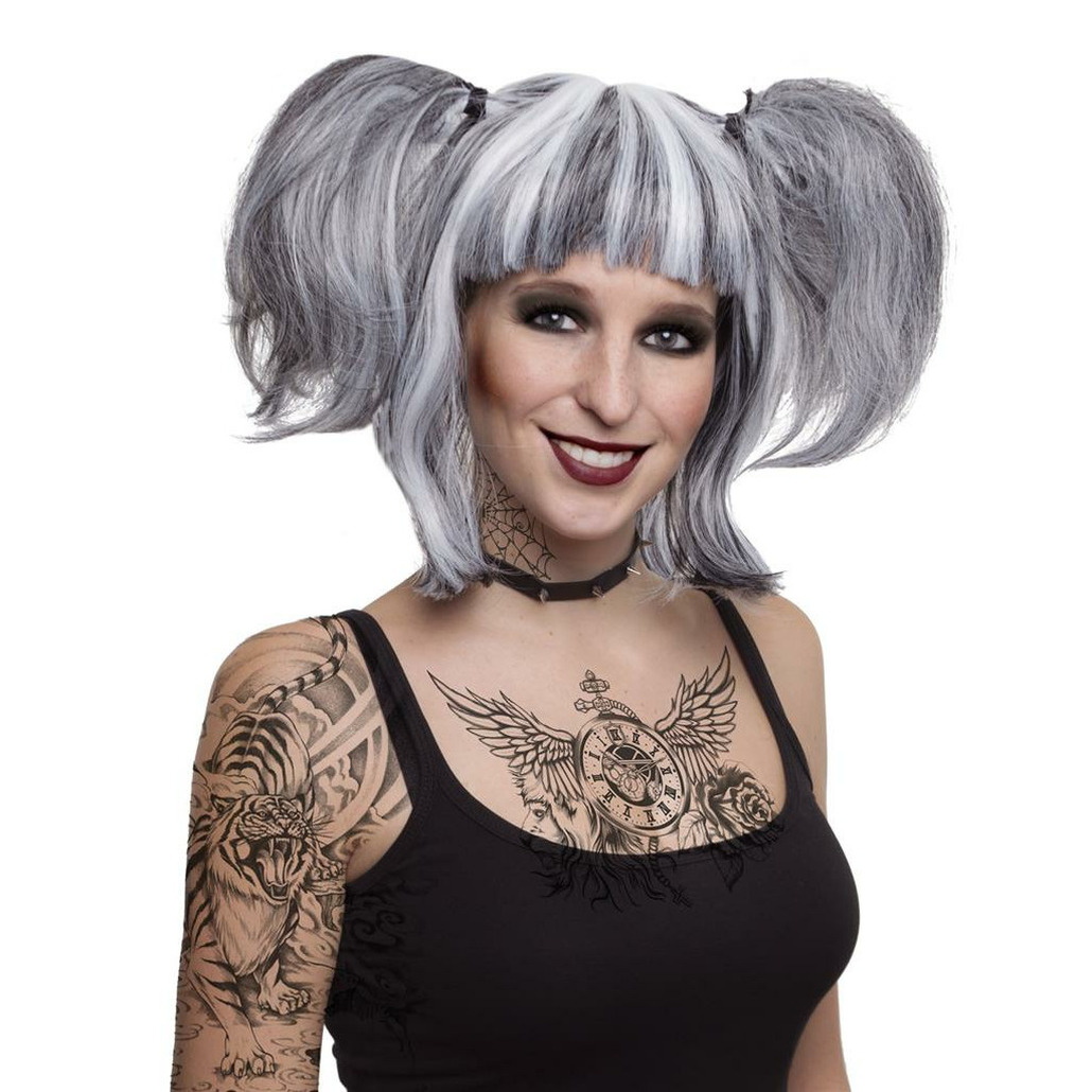 Funny Fashion Gothic/Halloween damespruik met staartjes - grijs - famous caracters -