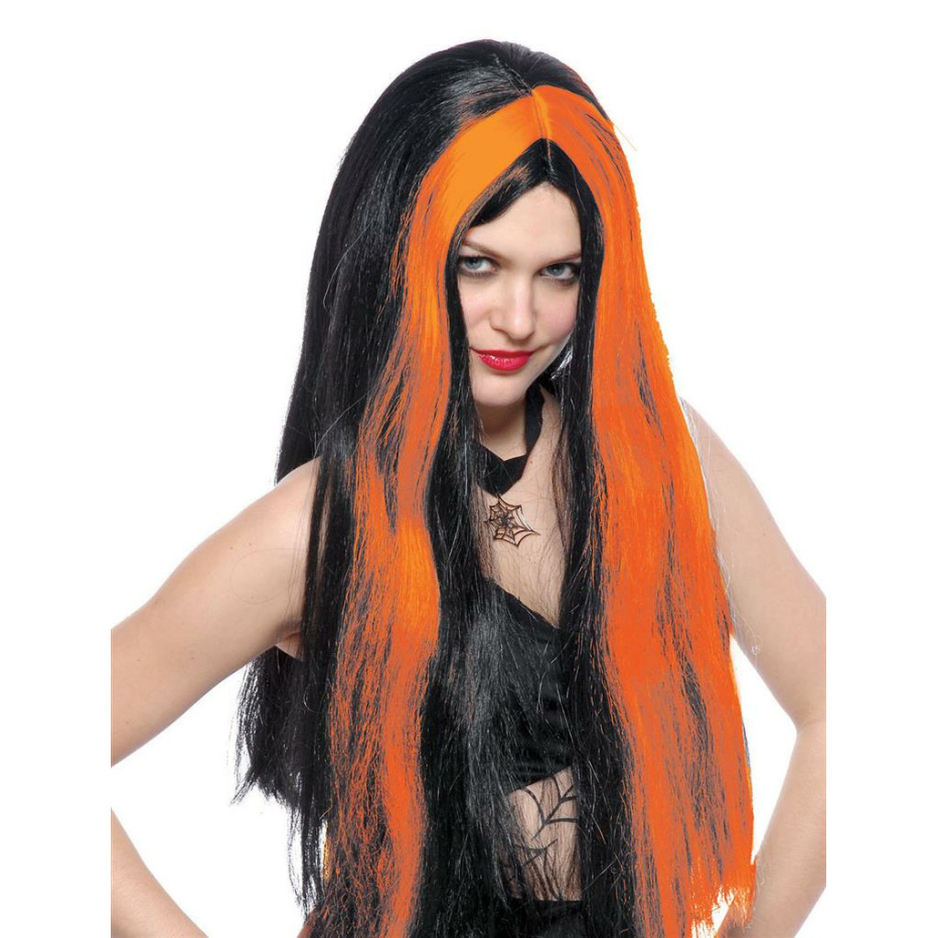 Funny Fashion Heksenpruik lang haar - zwart/oranje - dames - Halloween -