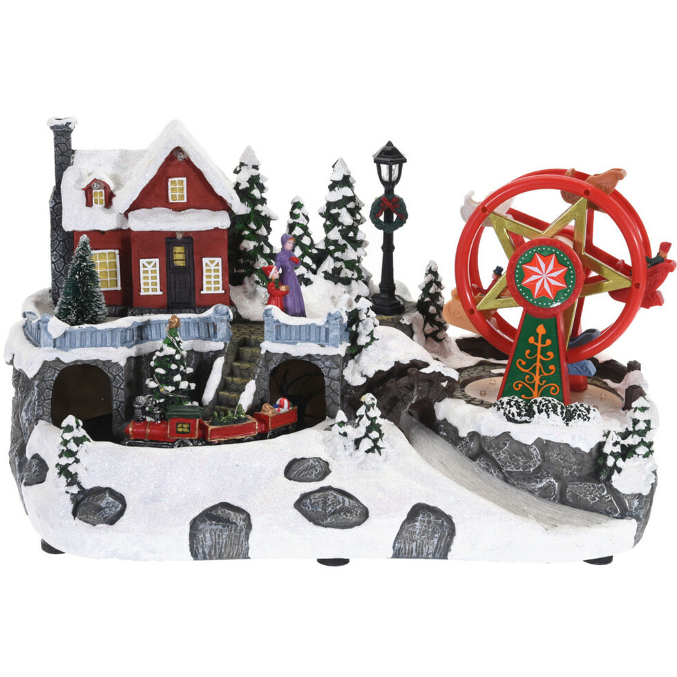 Kerstdorp kersttafereel met draaiend reuzenrad -met verlichting- 34 cm -