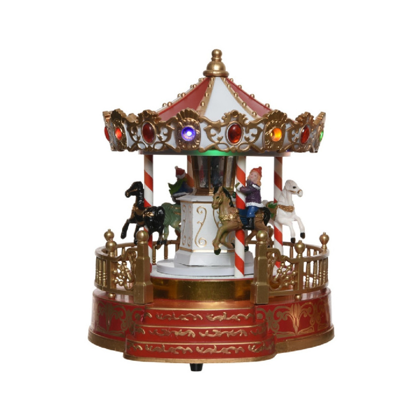 Kerstdorp draaimolen - draaiend - met licht en muziek - 21,5 cm - carrousel -