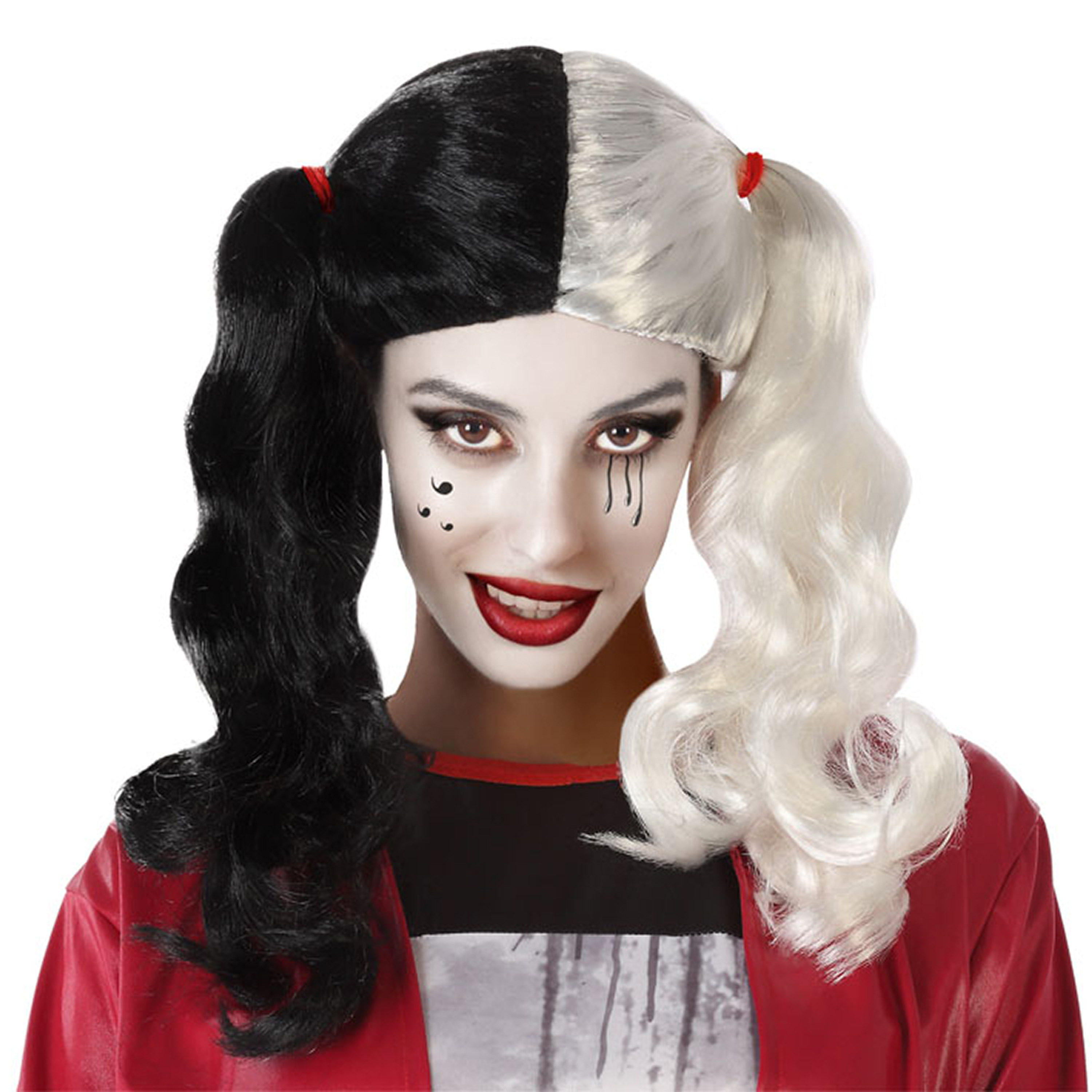 Atosa Halloween verkleedpruik lang haar met staartjes - zwart/wit - dames -