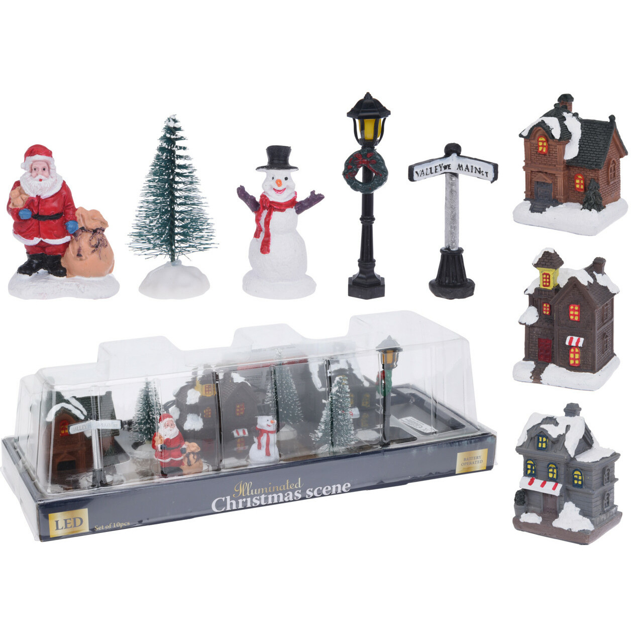 Kerstdorp accessoires - miniatuur figuurtjes en huisjes - 10-delig -