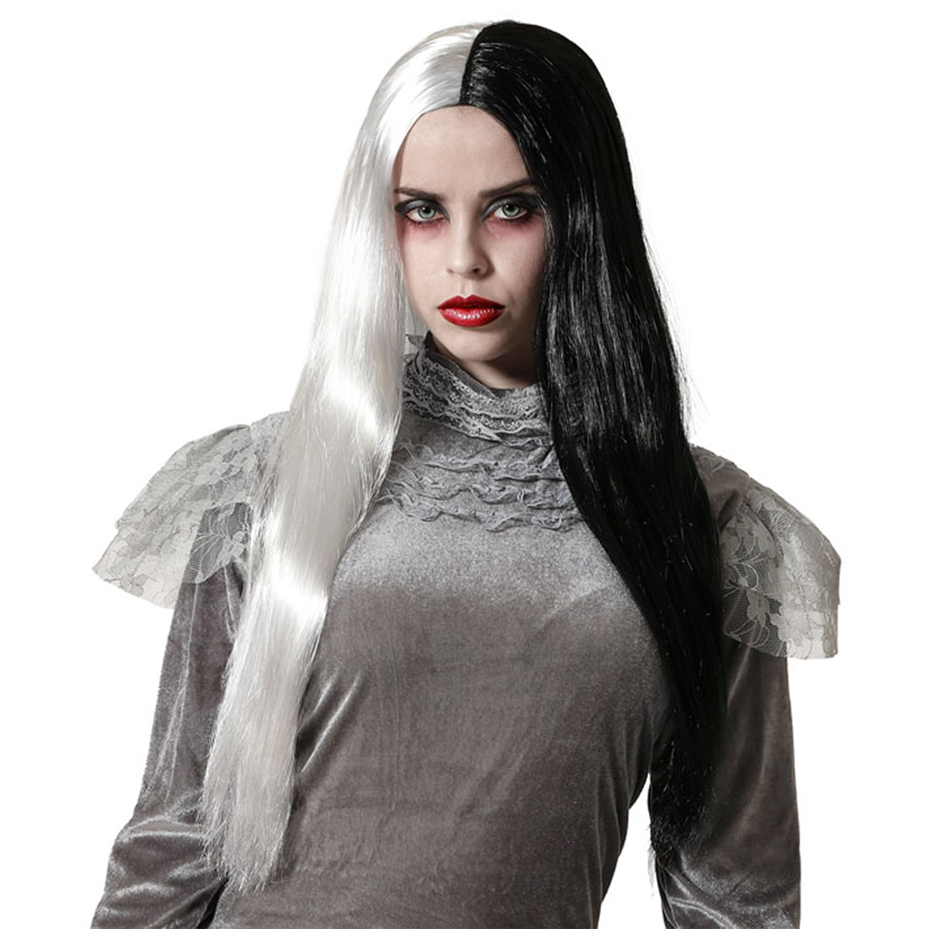 Atosa Halloween verkleedpruik lang haar - zwart/wit - dames - Zombie/Spook/Heks -