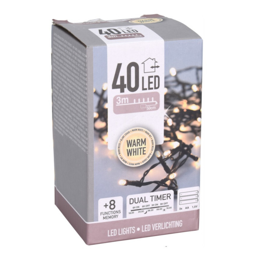 Kerstverlichting - warm wit - 40 leds - 300 cm -zwart snoer - batterij -
