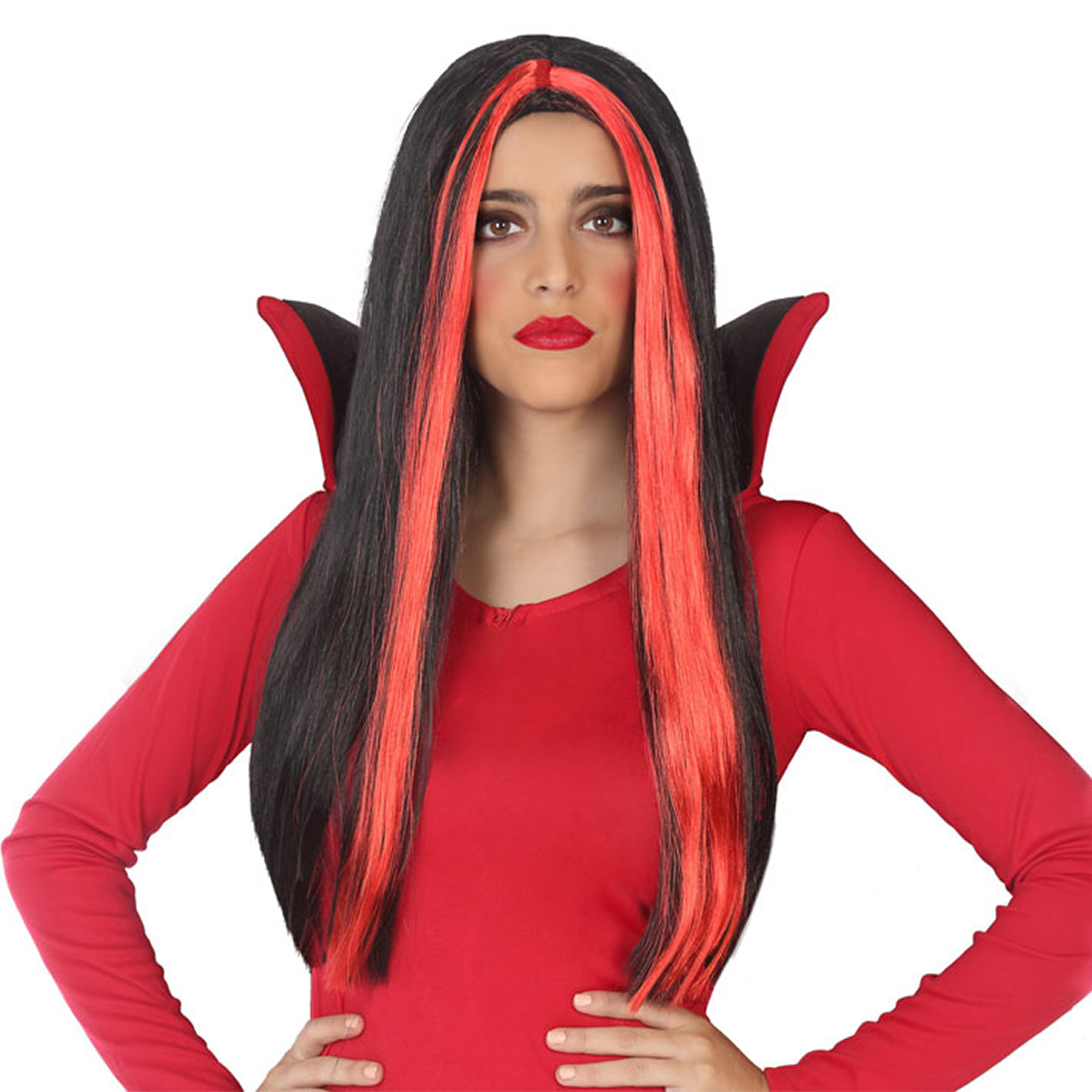 Atosa Heksenpruik lang haar - zwart/rood - dames - Halloween -