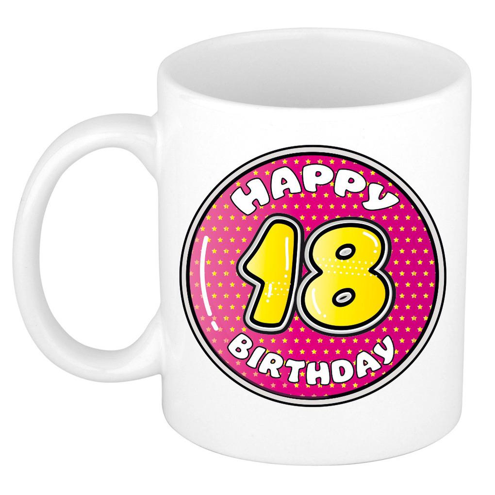 Verjaardag cadeau mok - 18 jaar - roze - 300 ml - keramiek -