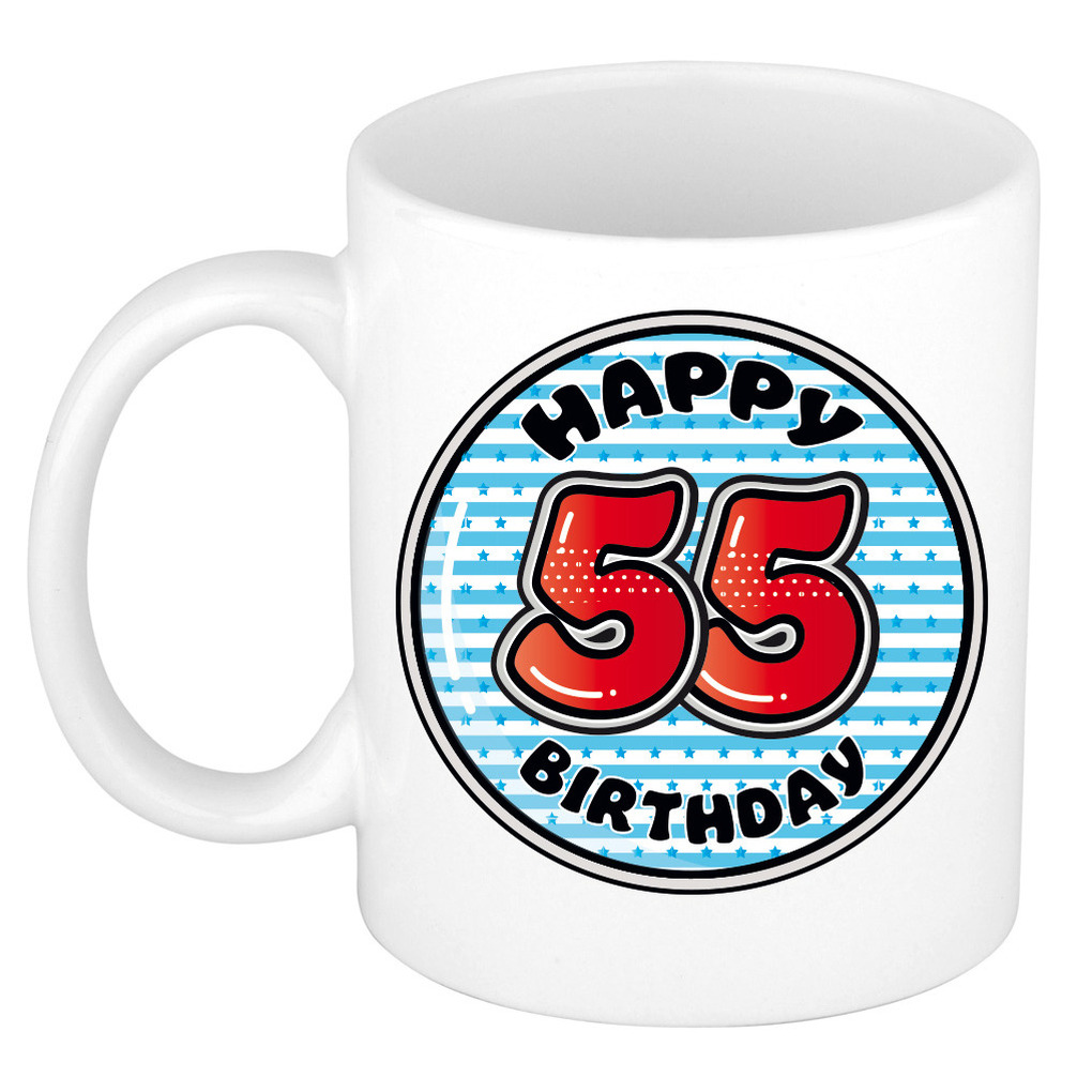 Verjaardag cadeau mok - 55 jaar - blauw - gestreept - 300 ml - keramiek -