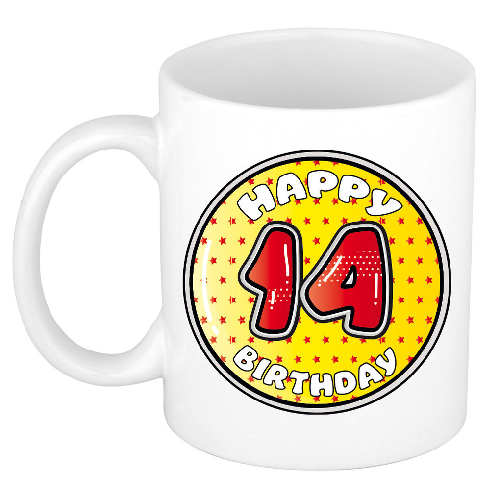 Verjaardag cadeau mok - 14 jaar - geel - sterretjes - 300 ml - keramiek -