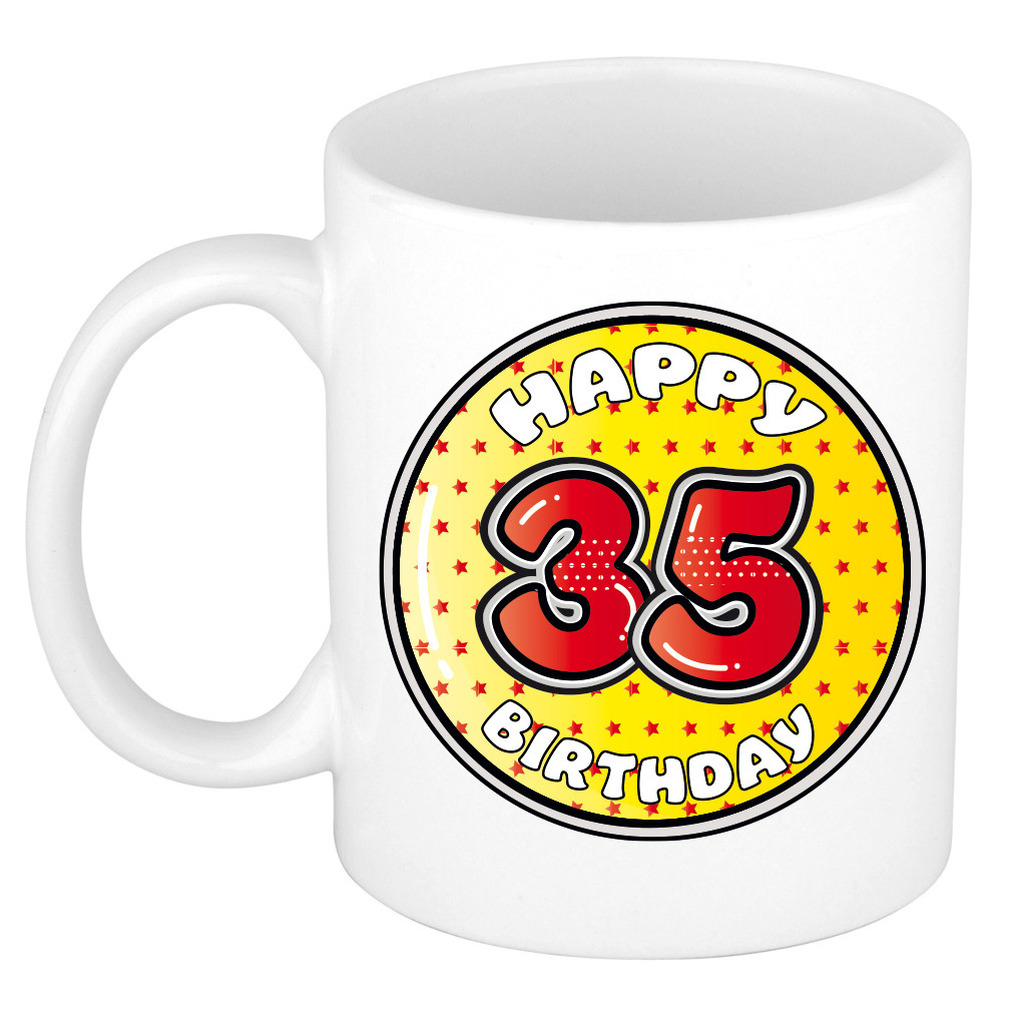 Verjaardag cadeau mok - 35 jaar - geel - sterretjes - 300 ml - keramiek -